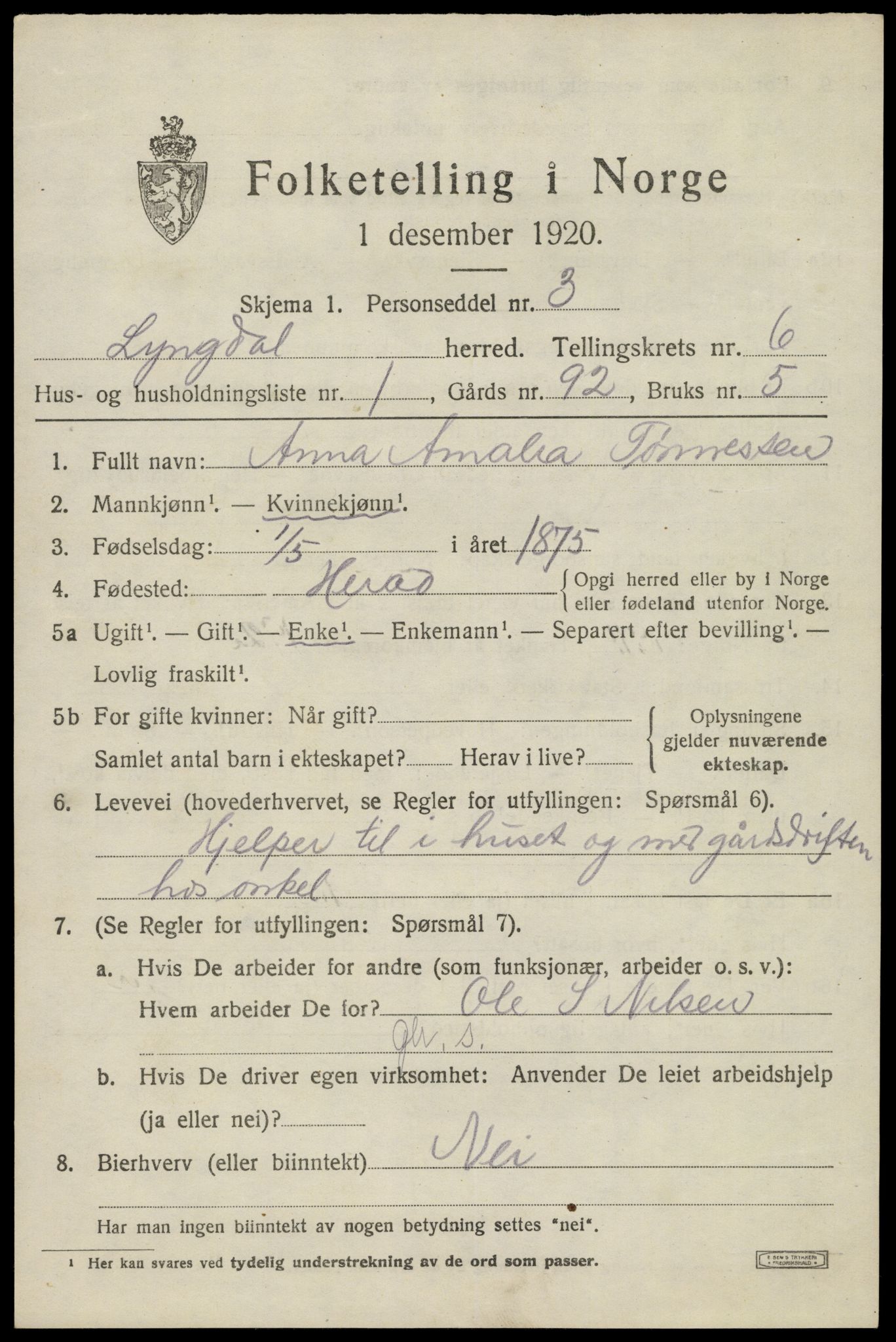 SAK, 1920 census for Lyngdal, 1920, p. 3459