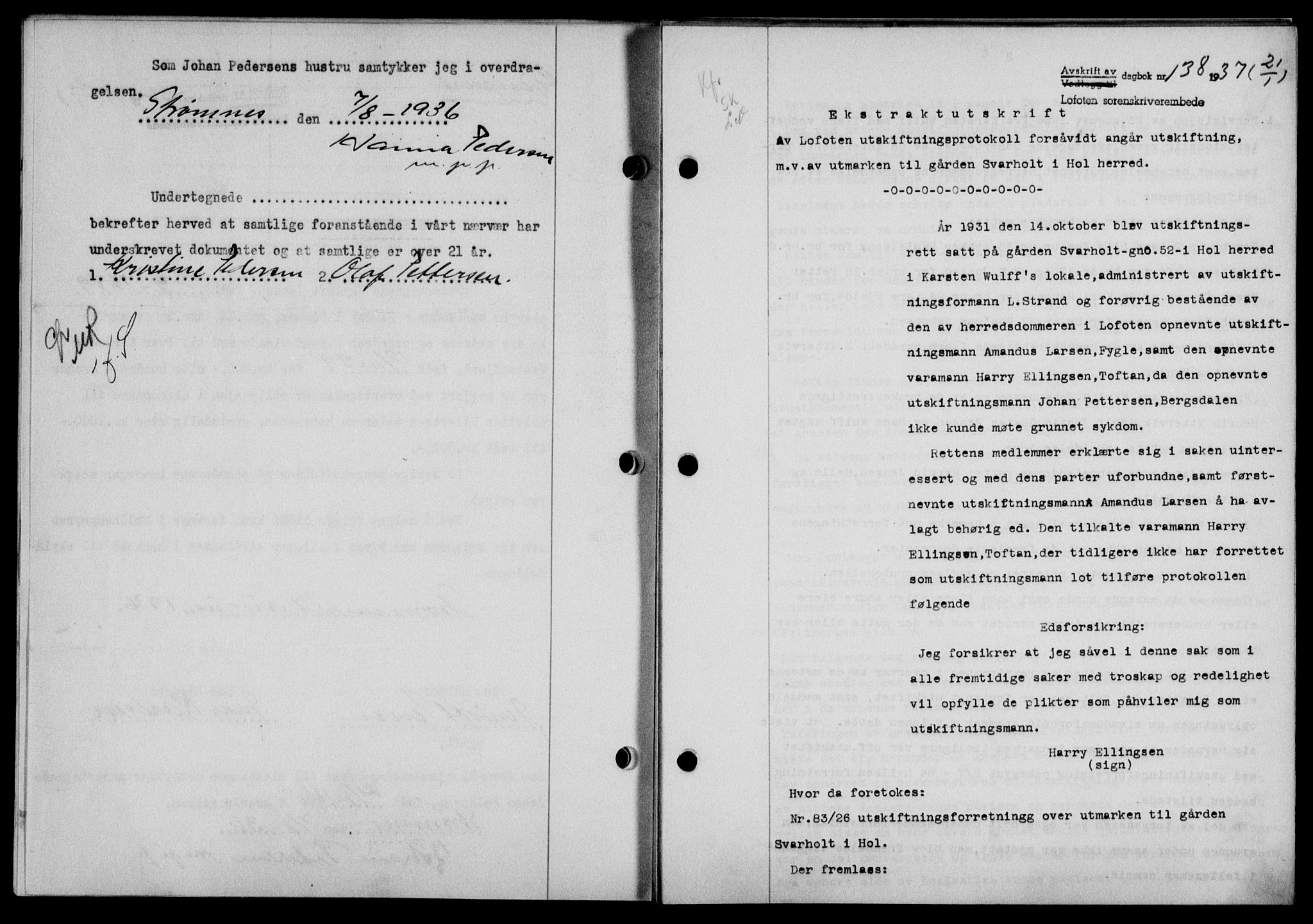 Lofoten sorenskriveri, SAT/A-0017/1/2/2C/L0001a: Mortgage book no. 1a, 1936-1937, Diary no: : 138/1937