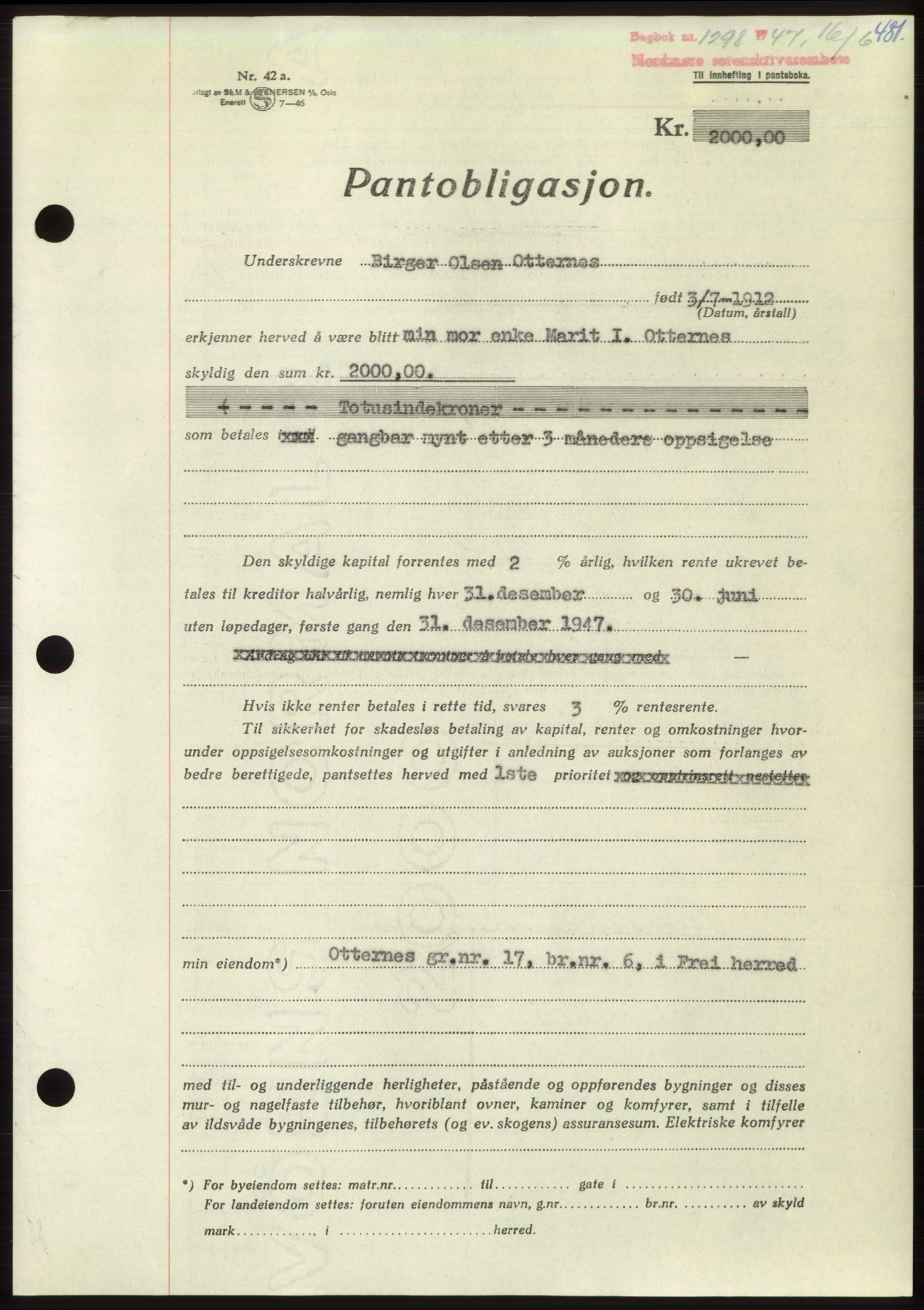 Nordmøre sorenskriveri, AV/SAT-A-4132/1/2/2Ca: Mortgage book no. B96, 1947-1947, Diary no: : 1298/1947