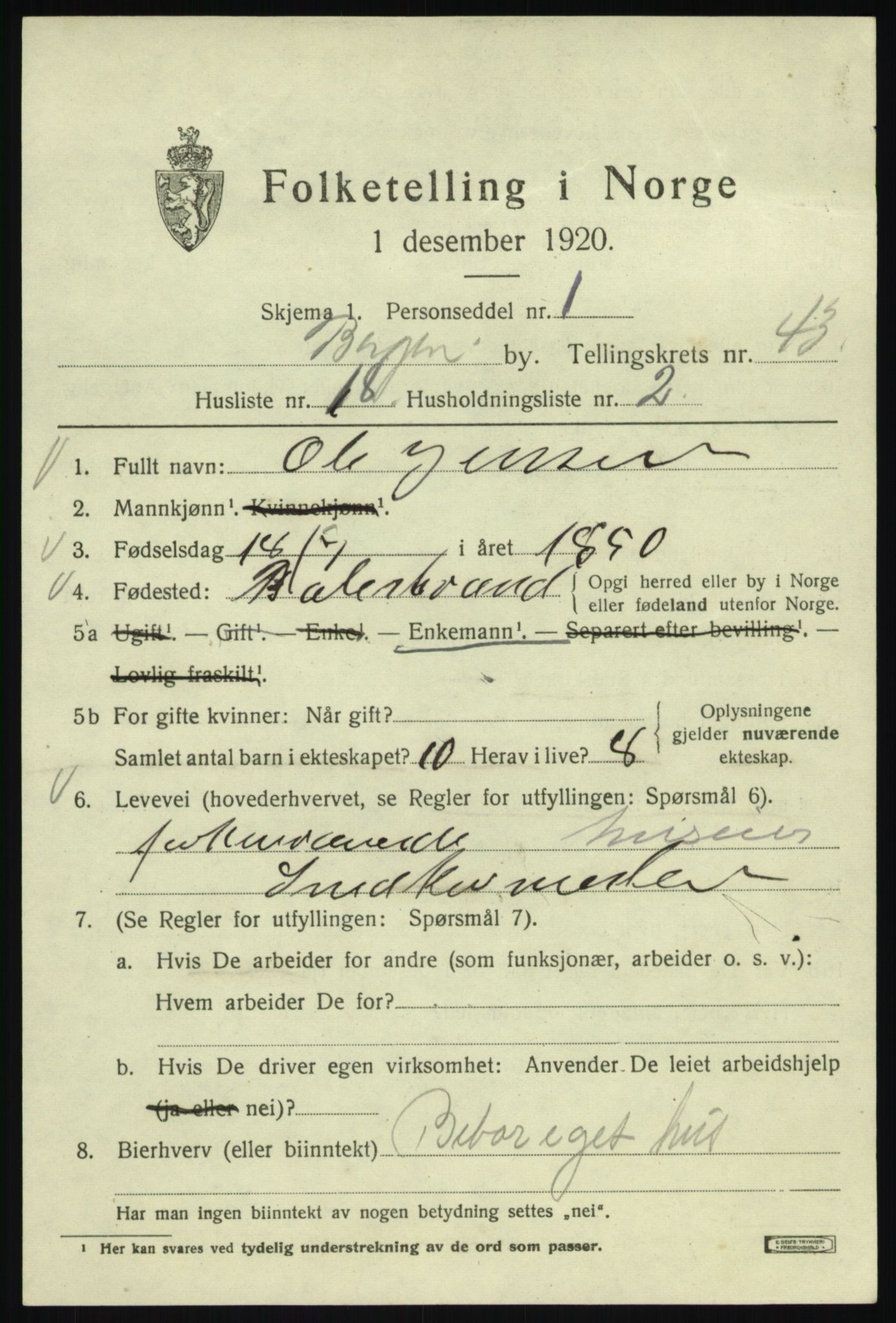 SAB, 1920 census for Bergen, 1920, p. 111806