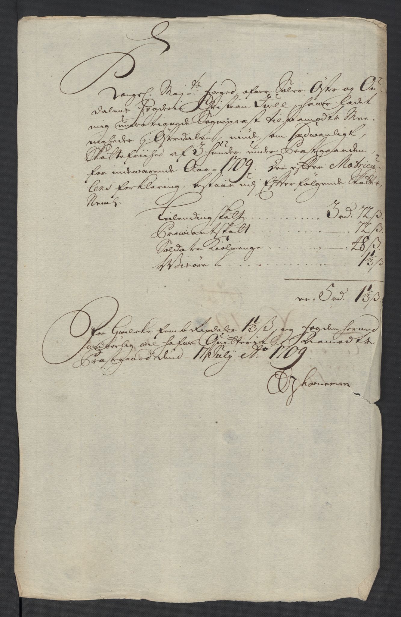 Rentekammeret inntil 1814, Reviderte regnskaper, Fogderegnskap, RA/EA-4092/R13/L0846: Fogderegnskap Solør, Odal og Østerdal, 1709, p. 260