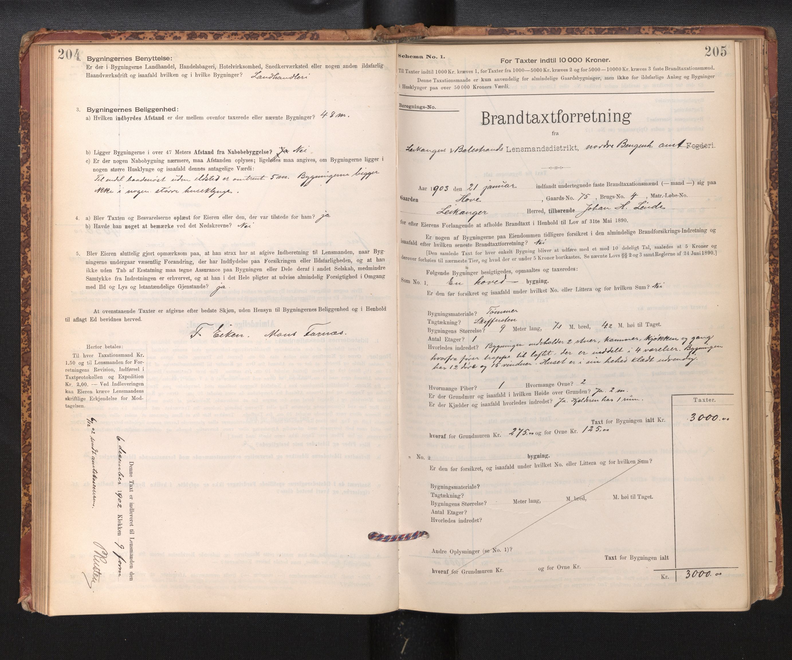 Lensmannen i Leikanger, SAB/A-29201/0012/L0004: Branntakstprotokoll, skjematakst, 1894-1903, p. 204-205