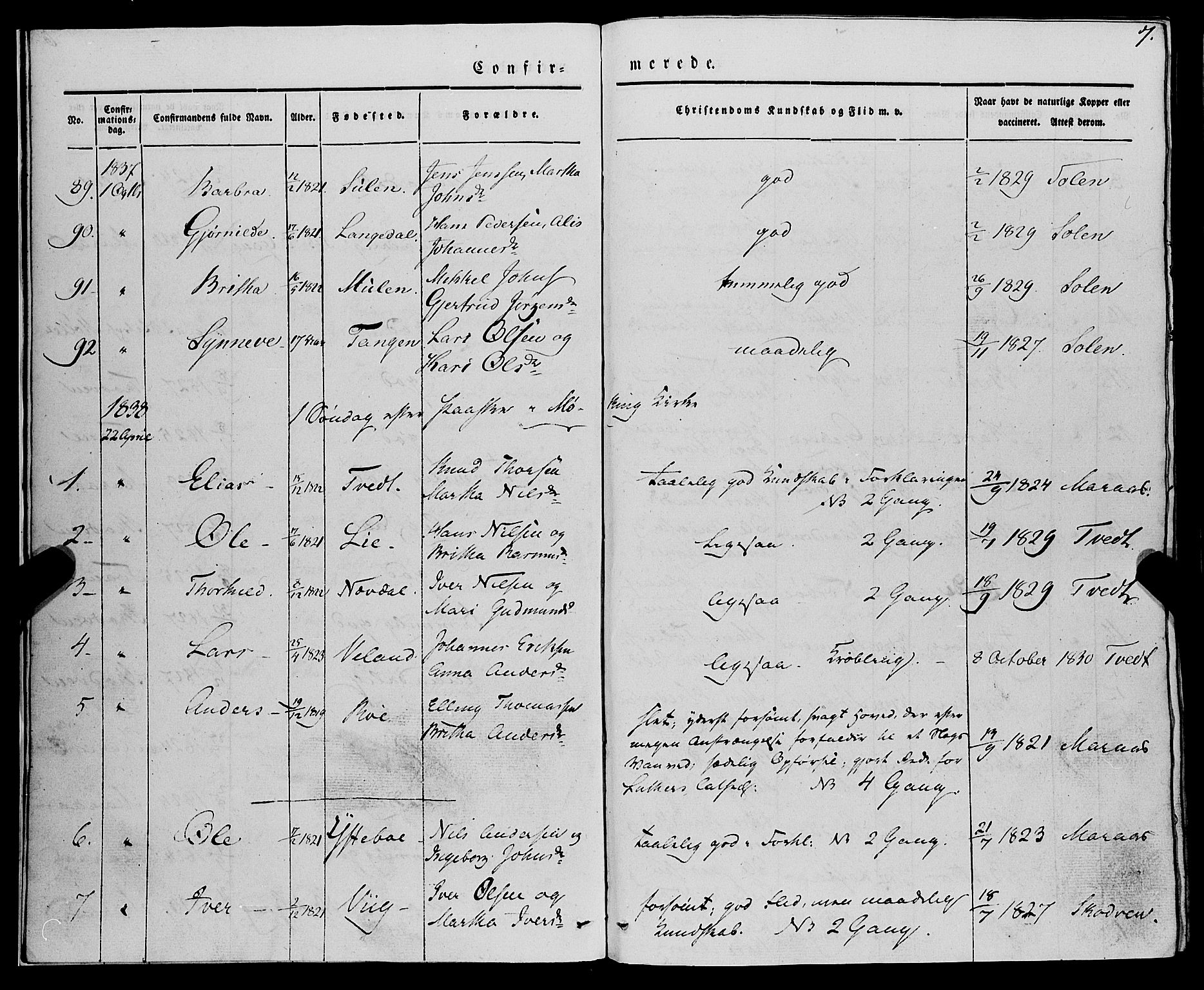 Lindås Sokneprestembete, AV/SAB-A-76701/H/Haa/Haaa/L0012: Parish register (official) no. A 12, 1836-1848, p. 7