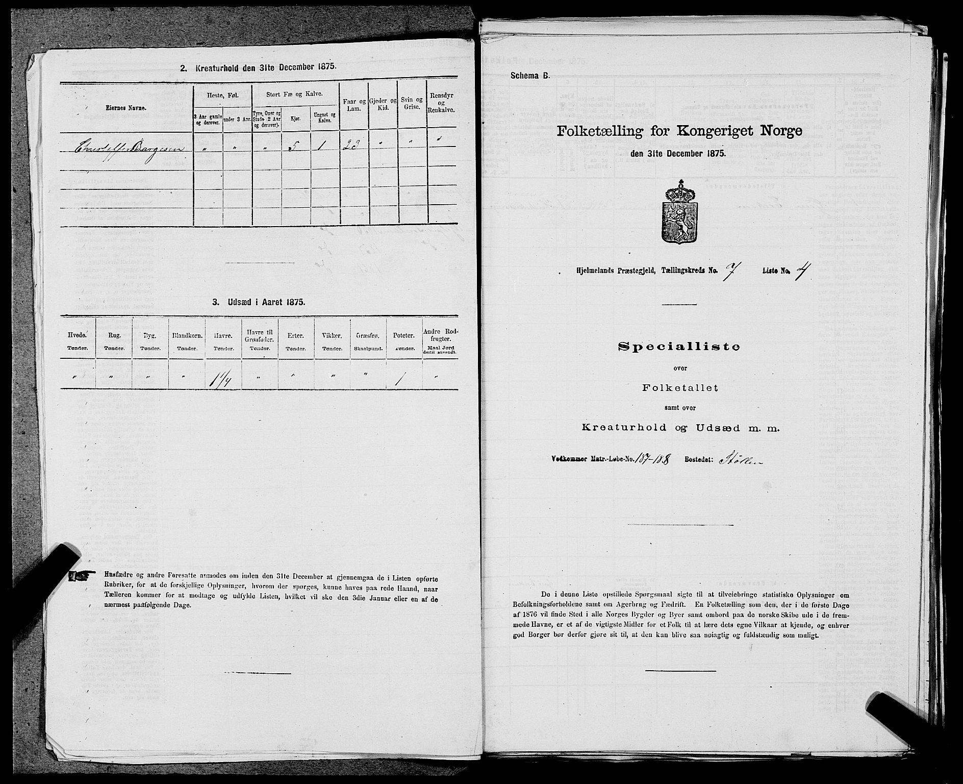 SAST, 1875 census for 1133P Hjelmeland, 1875, p. 909