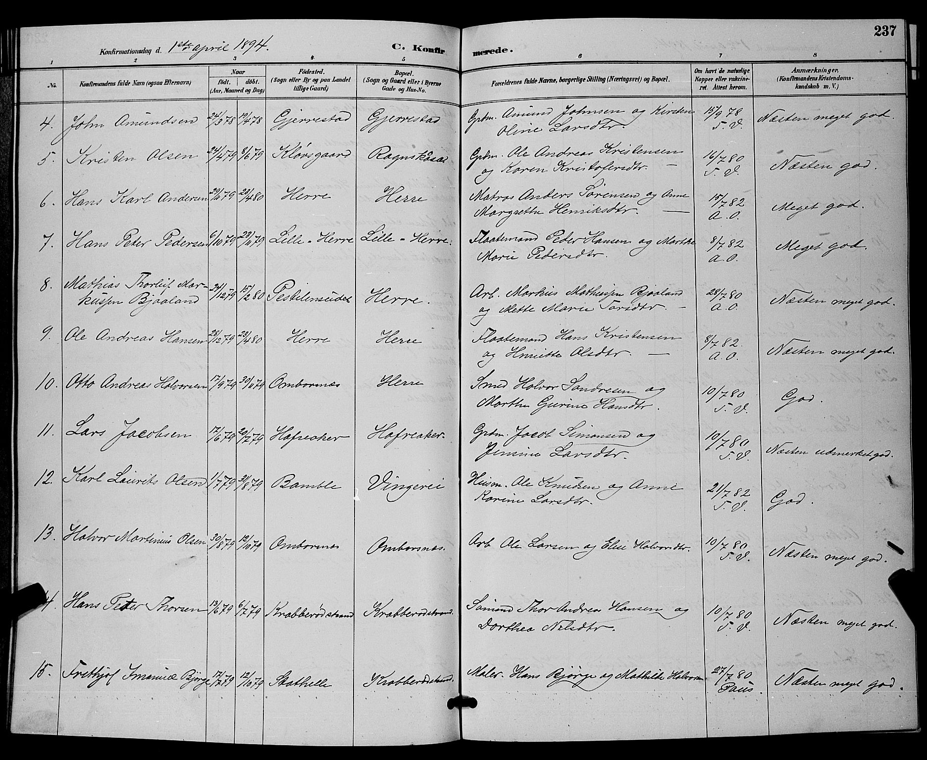 Bamble kirkebøker, AV/SAKO-A-253/G/Ga/L0009: Parish register (copy) no. I 9, 1888-1900, p. 237