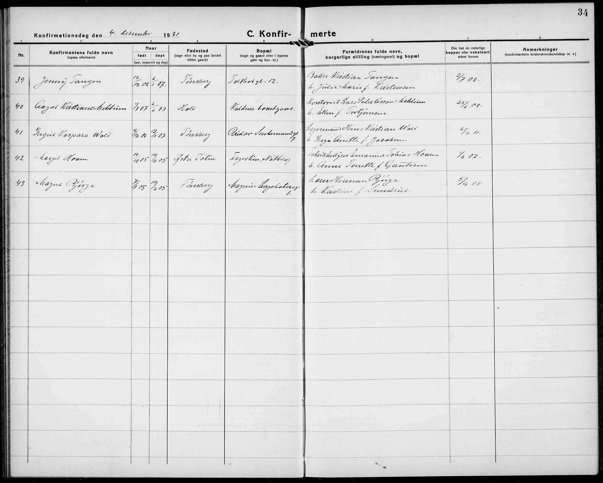 Tønsberg kirkebøker, AV/SAKO-A-330/G/Ga/L0013: Parish register (copy) no. 13, 1920-1929, p. 34