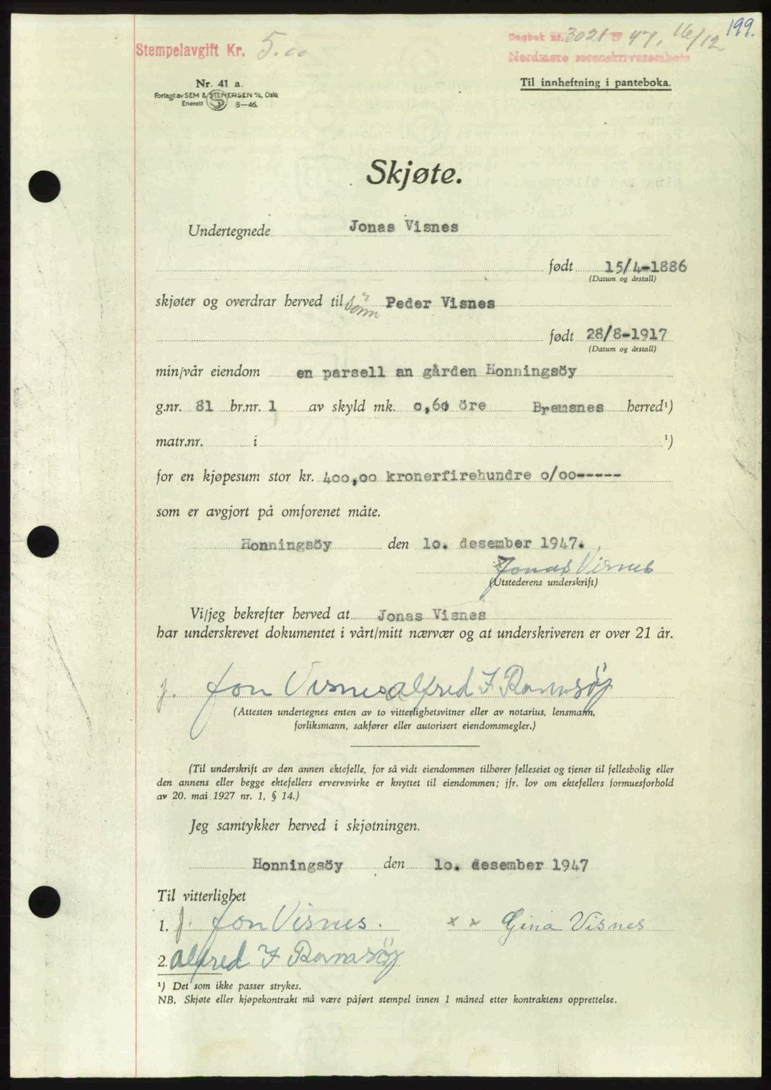 Nordmøre sorenskriveri, AV/SAT-A-4132/1/2/2Ca: Mortgage book no. A107, 1947-1948, Diary no: : 3021/1947