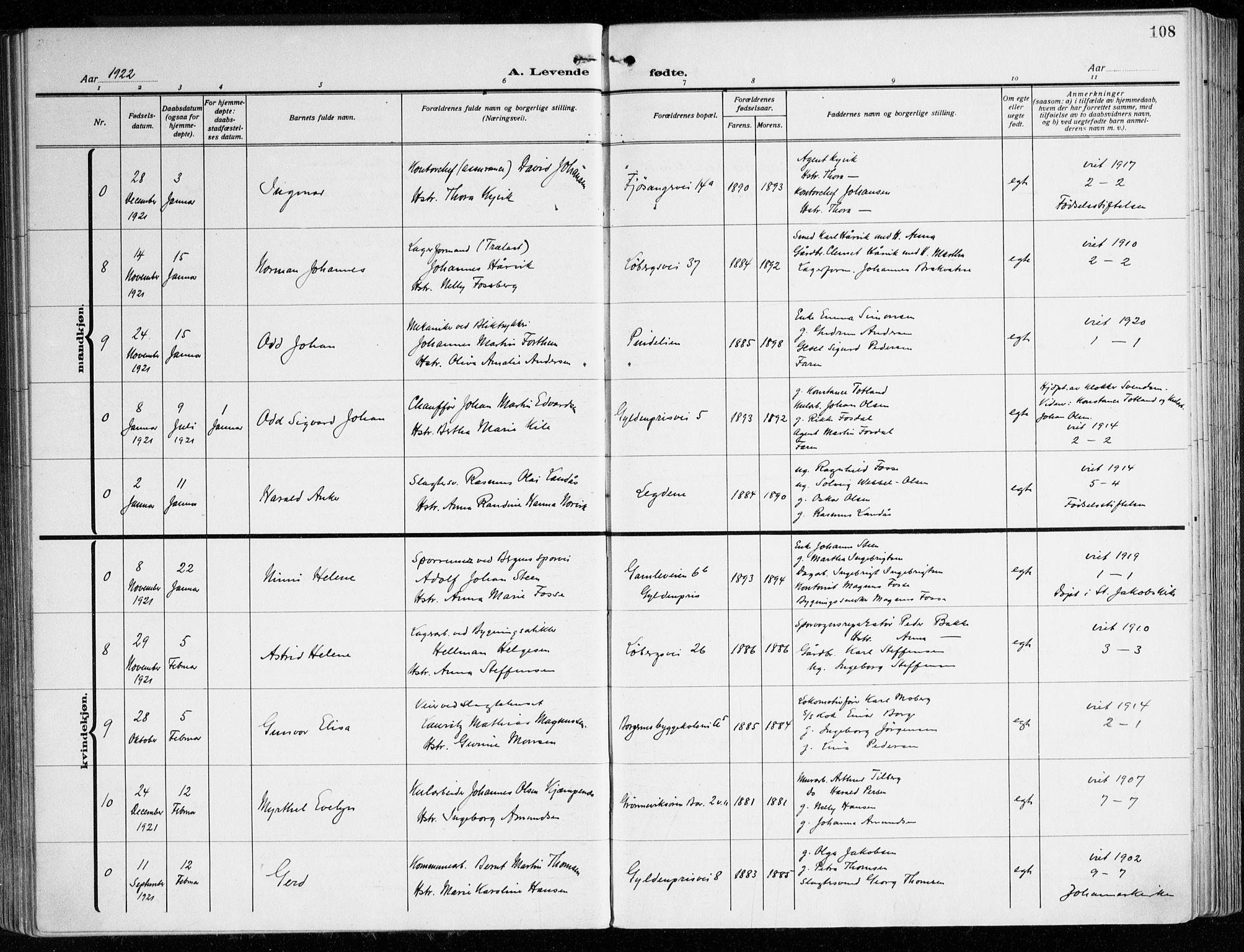 Årstad Sokneprestembete, AV/SAB-A-79301/H/Haa/L0004: Parish register (official) no. A 4, 1919-1928, p. 108