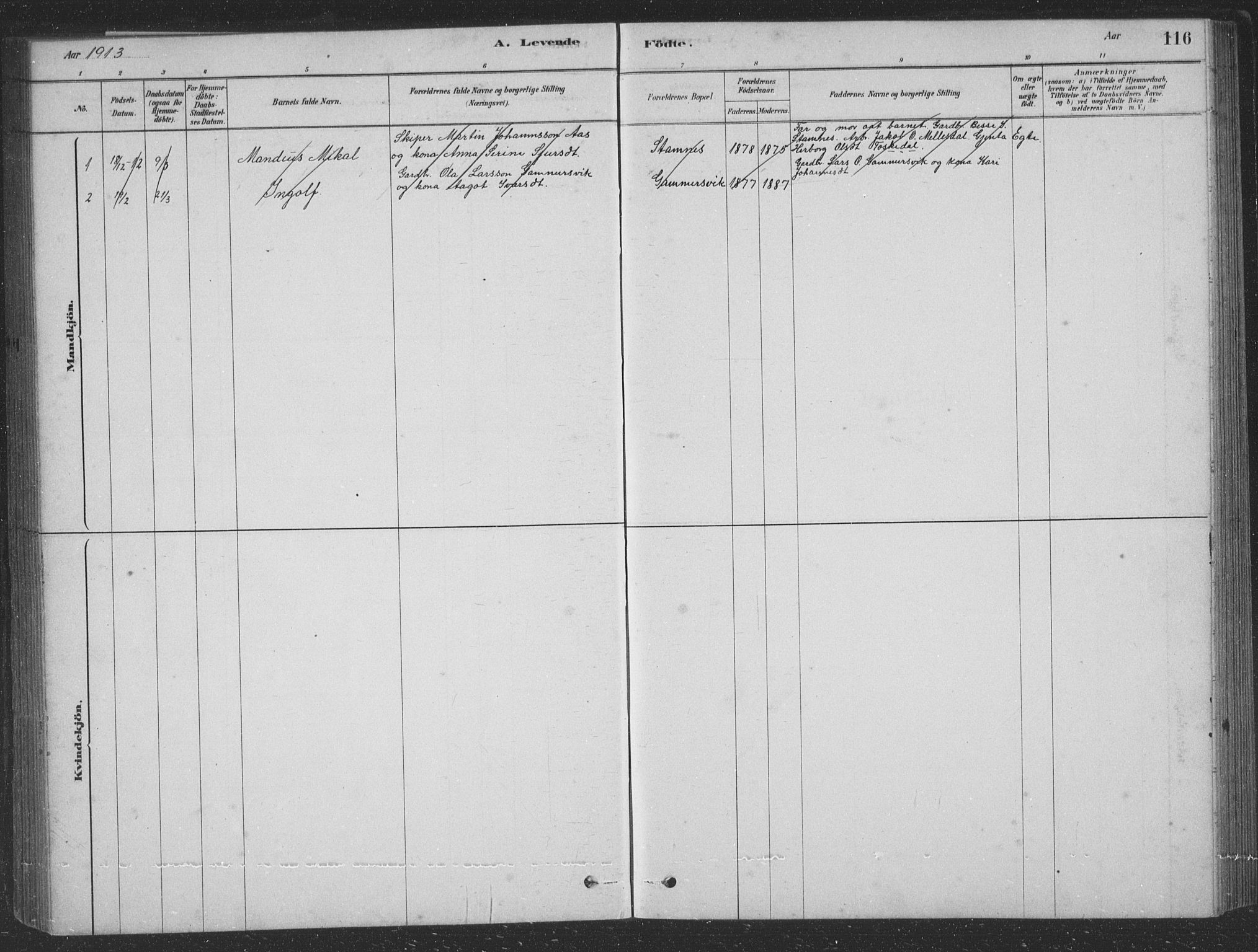 Vaksdal Sokneprestembete, AV/SAB-A-78901/H/Hab: Parish register (copy) no. D 1, 1878-1939, p. 116