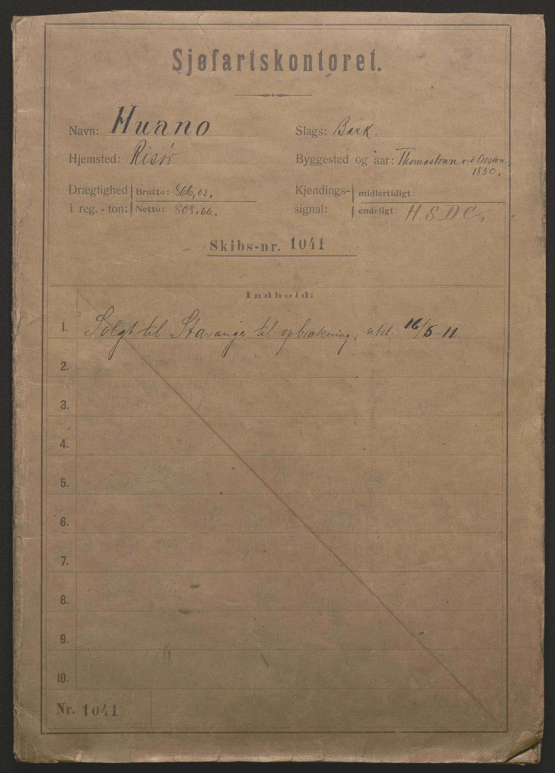 Sjøfartsdirektoratet med forløpere, skipsmapper slettede skip, RA/S-4998/F/Fa/L0519: --, 1850-1922, p. 1