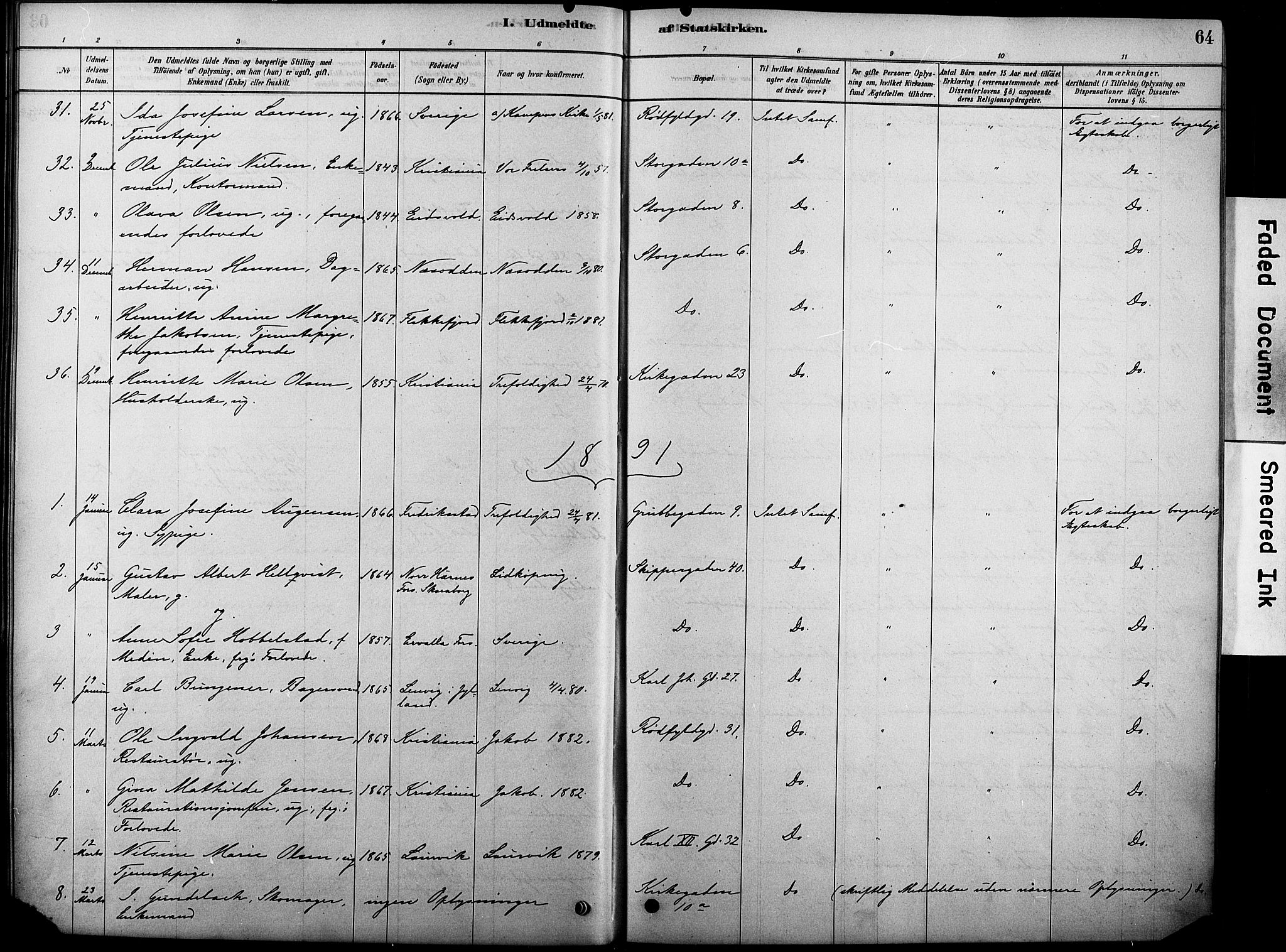 Oslo domkirke Kirkebøker, SAO/A-10752/F/Fa/L0038: Parish register (official) no. 38, 1878-1921, p. 64