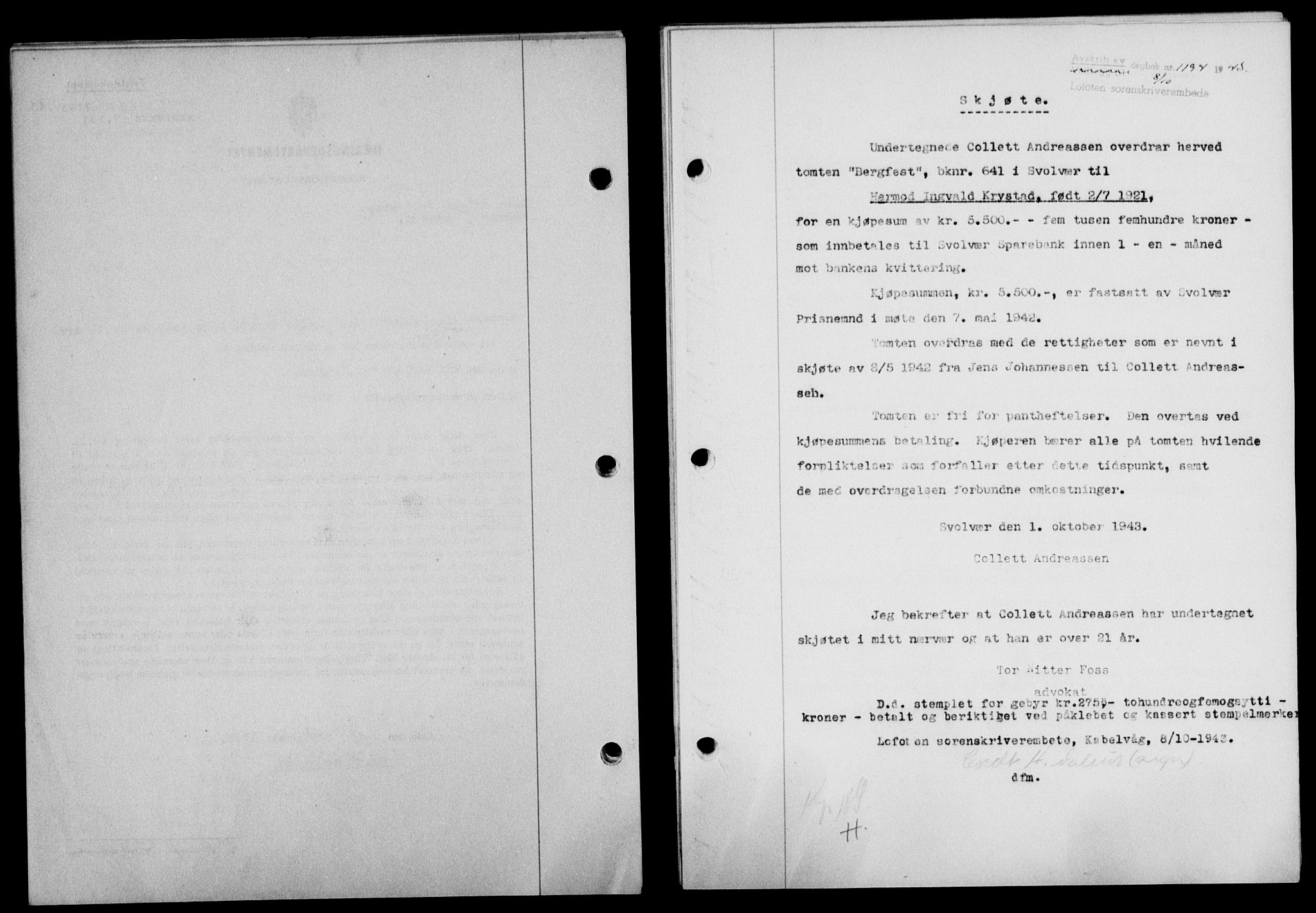 Lofoten sorenskriveri, SAT/A-0017/1/2/2C/L0011a: Mortgage book no. 11a, 1943-1943, Diary no: : 1194/1943