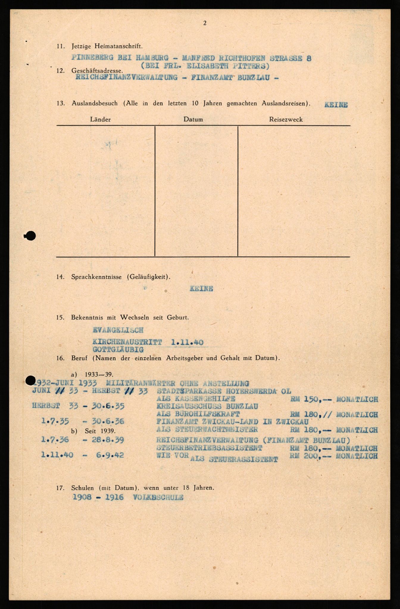 Forsvaret, Forsvarets overkommando II, RA/RAFA-3915/D/Db/L0035: CI Questionaires. Tyske okkupasjonsstyrker i Norge. Tyskere., 1945-1946, p. 64