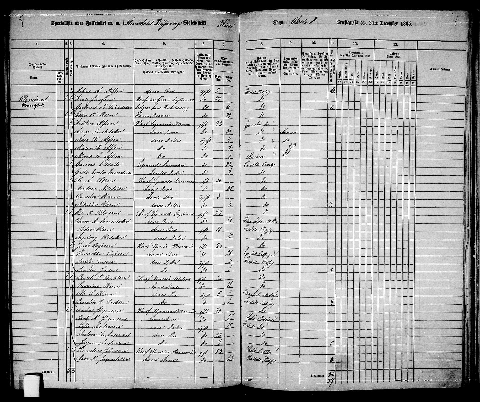 RA, 1865 census for Øyestad, 1865, p. 222