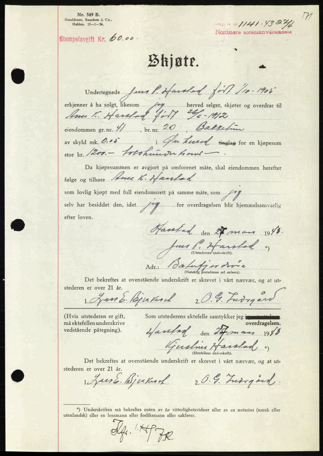 Nordmøre sorenskriveri, AV/SAT-A-4132/1/2/2Ca: Mortgage book no. A95, 1943-1943, Diary no: : 1141/1943