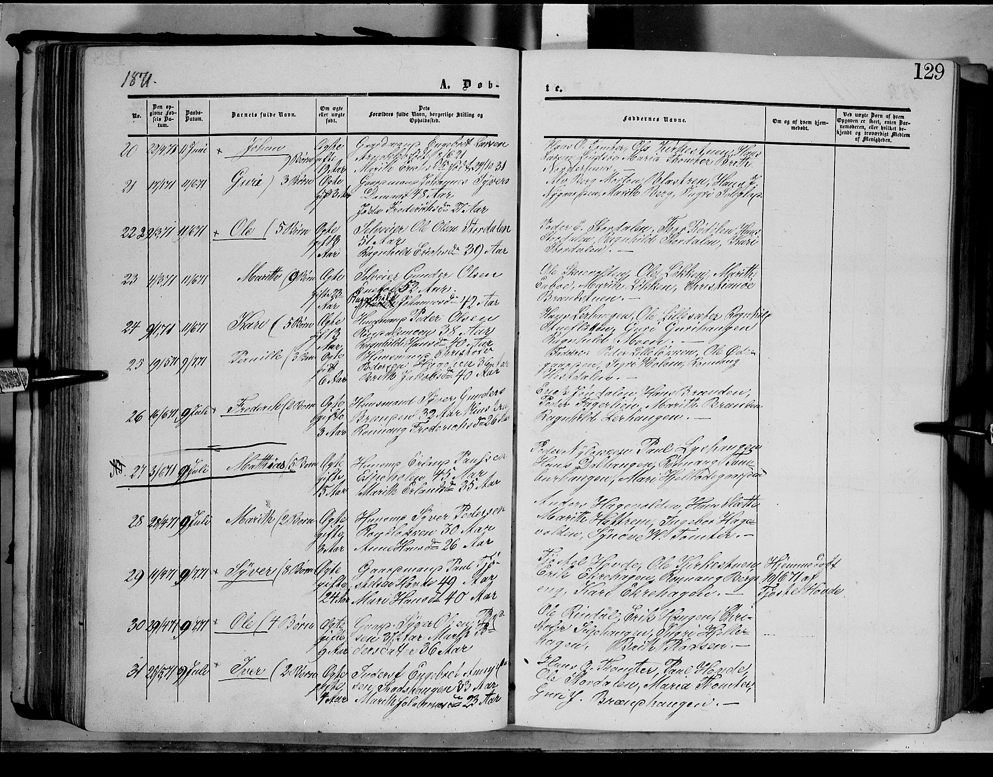 Dovre prestekontor, AV/SAH-PREST-066/H/Ha/Haa/L0001: Parish register (official) no. 1, 1854-1878, p. 129