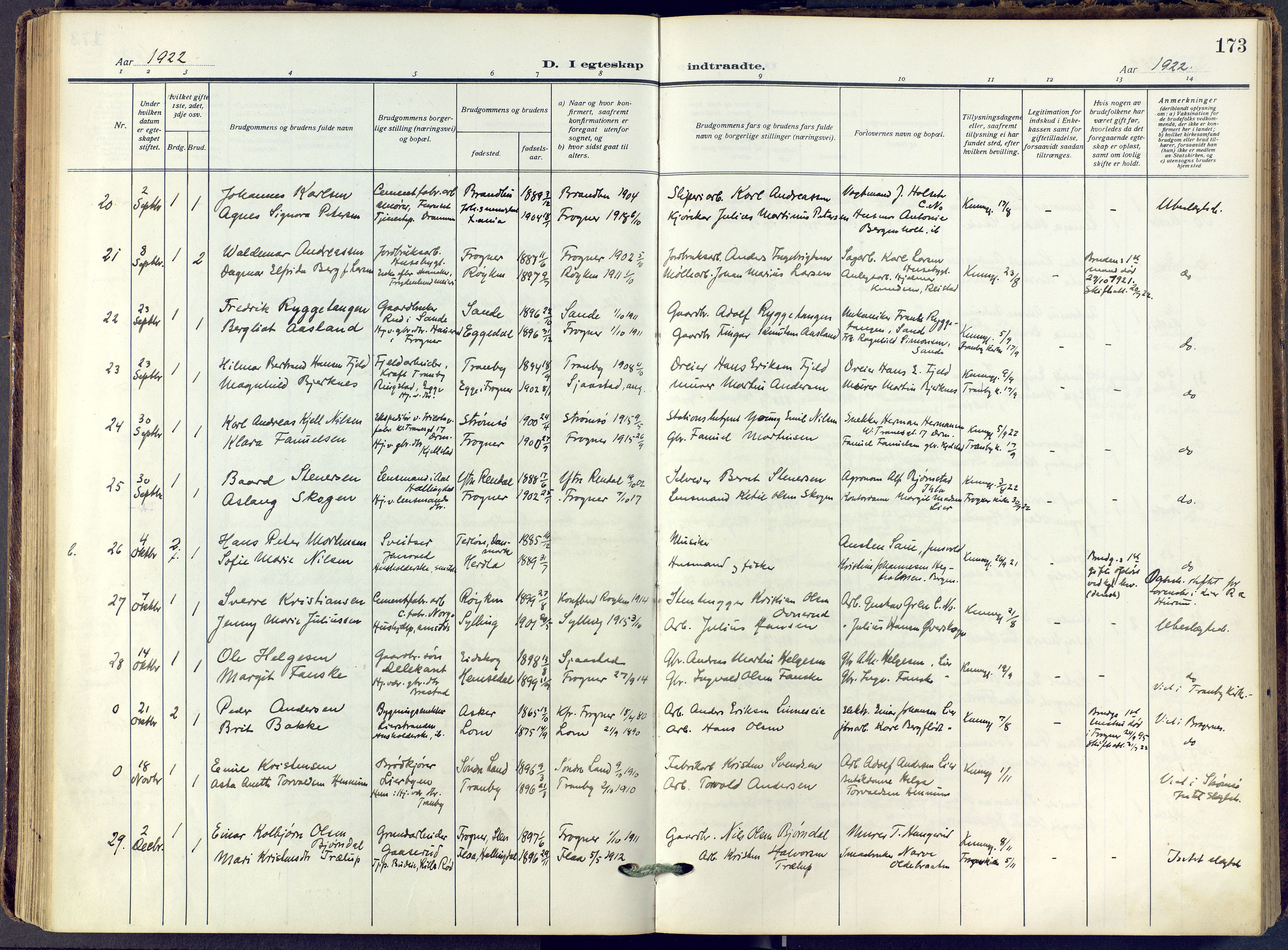 Lier kirkebøker, AV/SAKO-A-230/F/Fa/L0019: Parish register (official) no. I 19, 1918-1928, p. 173