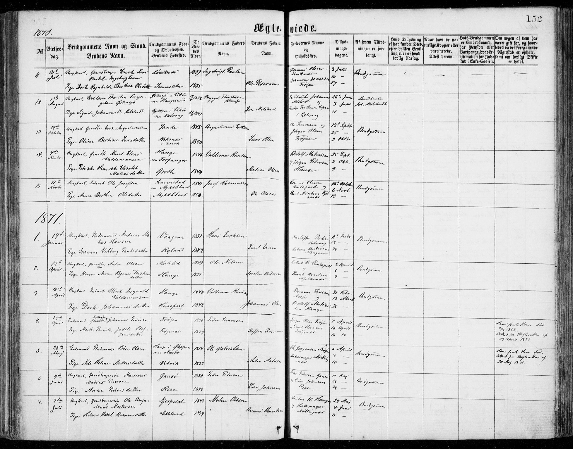 Bremanger sokneprestembete, AV/SAB-A-82201/H/Haa/Haaa/L0001: Parish register (official) no. A  1, 1864-1883, p. 152