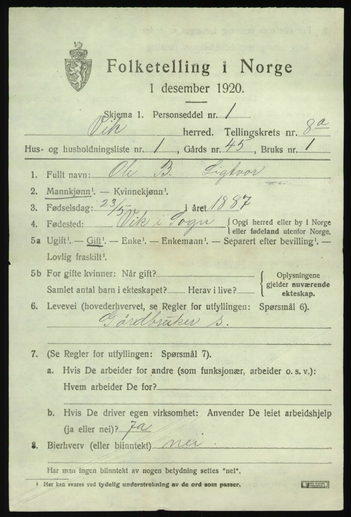 SAB, 1920 census for Vik, 1920, p. 5369