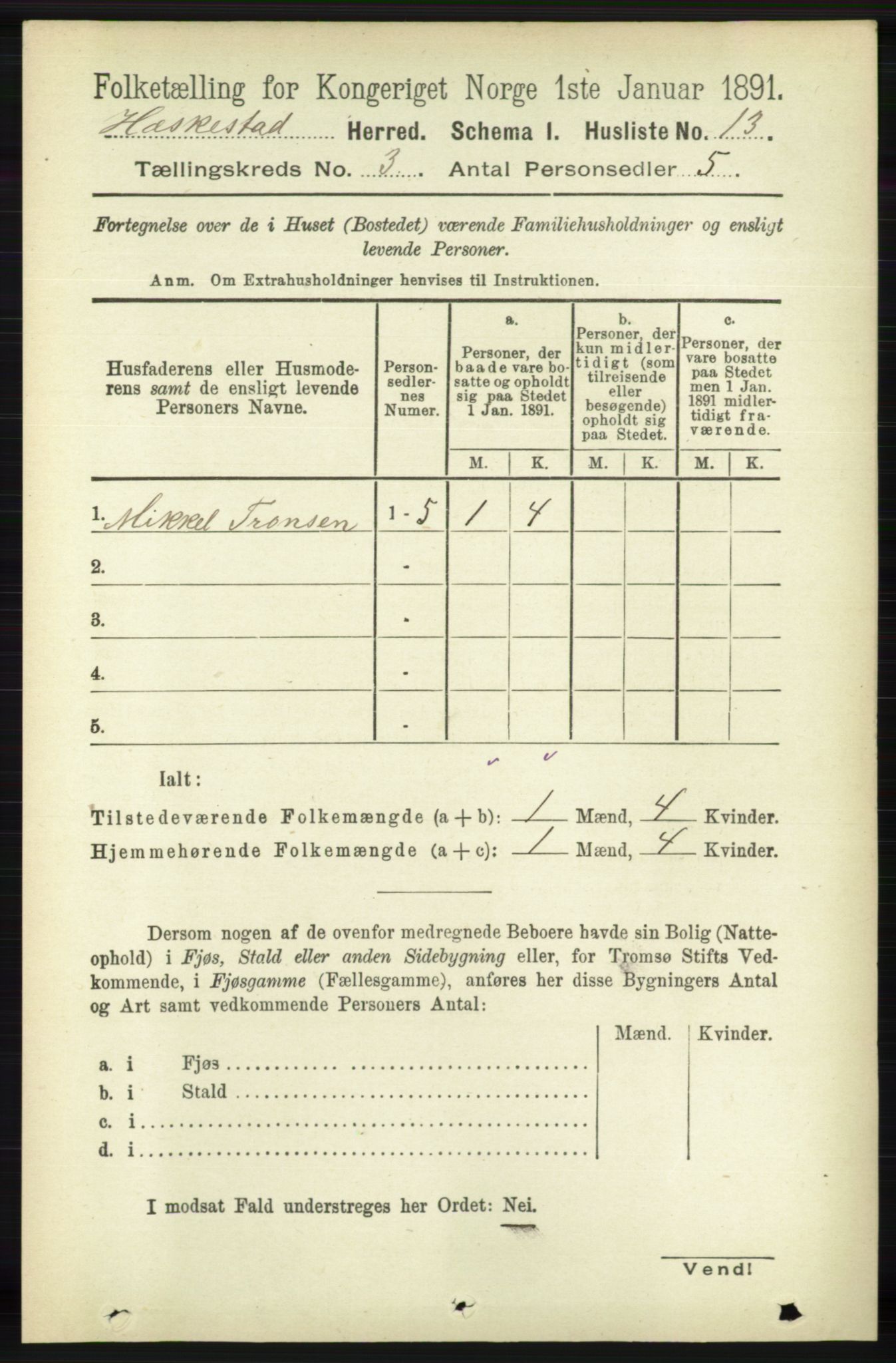 RA, 1891 census for 1113 Heskestad, 1891, p. 404