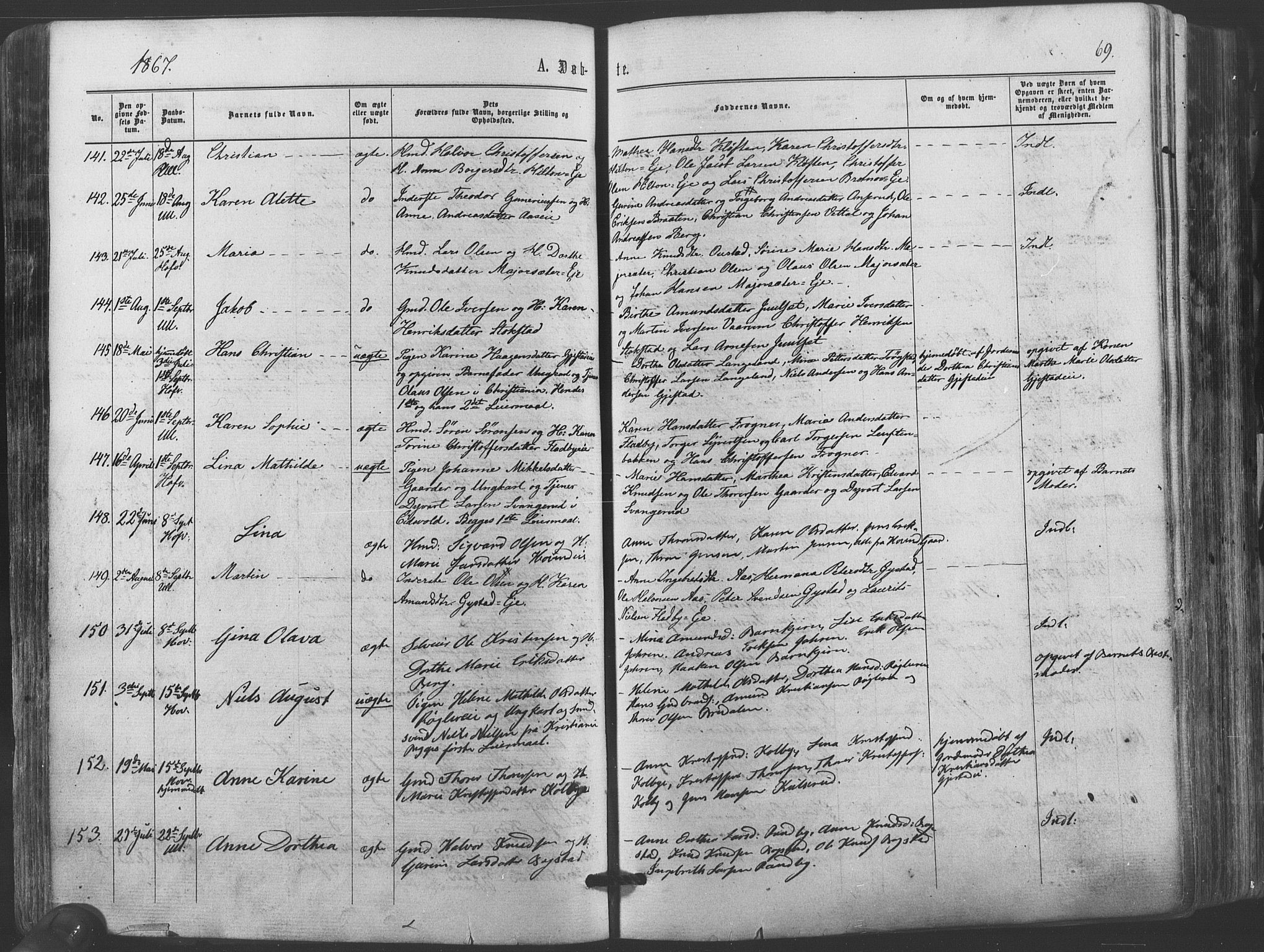 Ullensaker prestekontor Kirkebøker, SAO/A-10236a/F/Fa/L0016: Parish register (official) no. I 16, 1863-1875, p. 69
