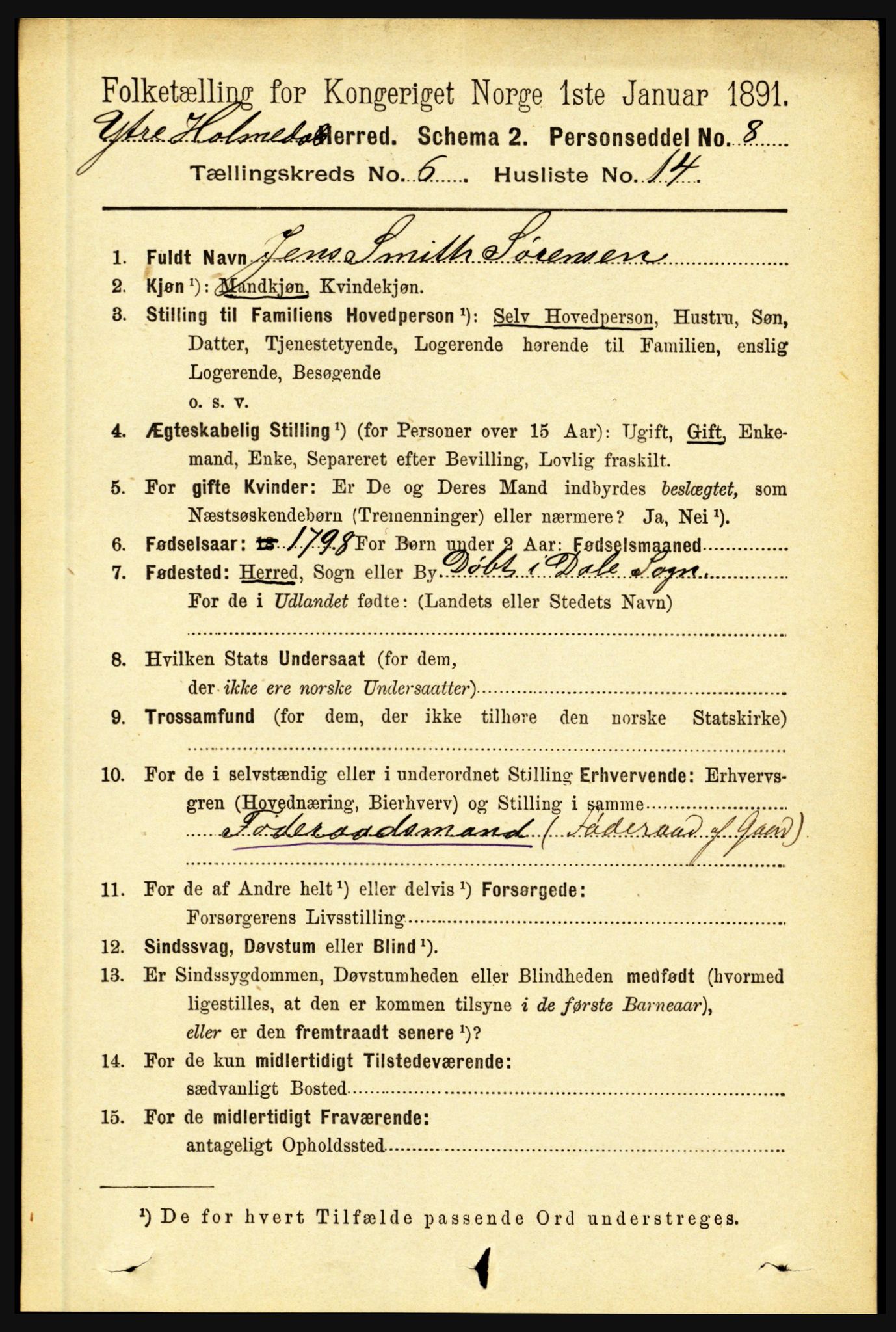 RA, 1891 census for 1429 Ytre Holmedal, 1891, p. 1396