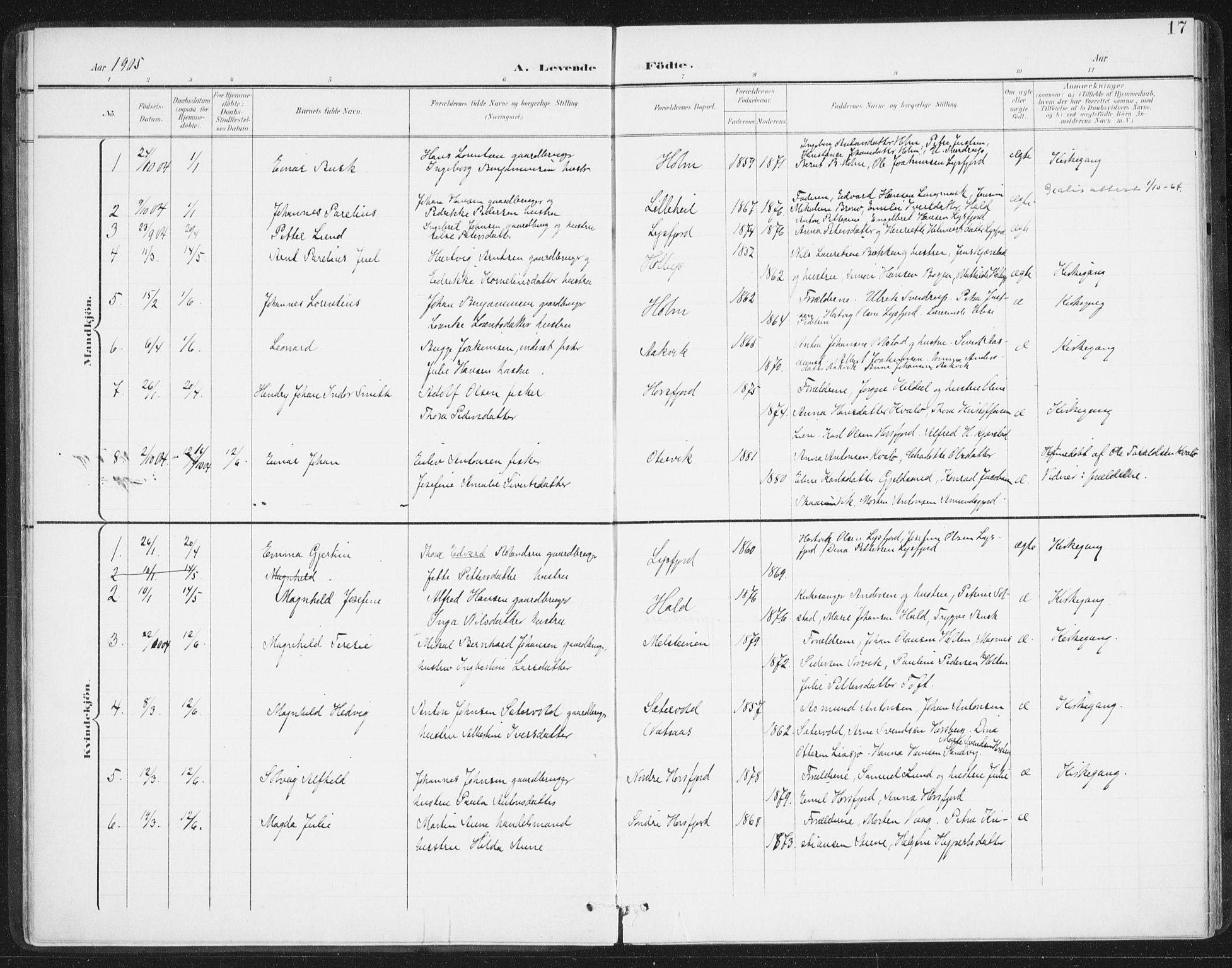 Ministerialprotokoller, klokkerbøker og fødselsregistre - Nordland, AV/SAT-A-1459/811/L0167: Parish register (official) no. 811A04, 1899-1913, p. 17