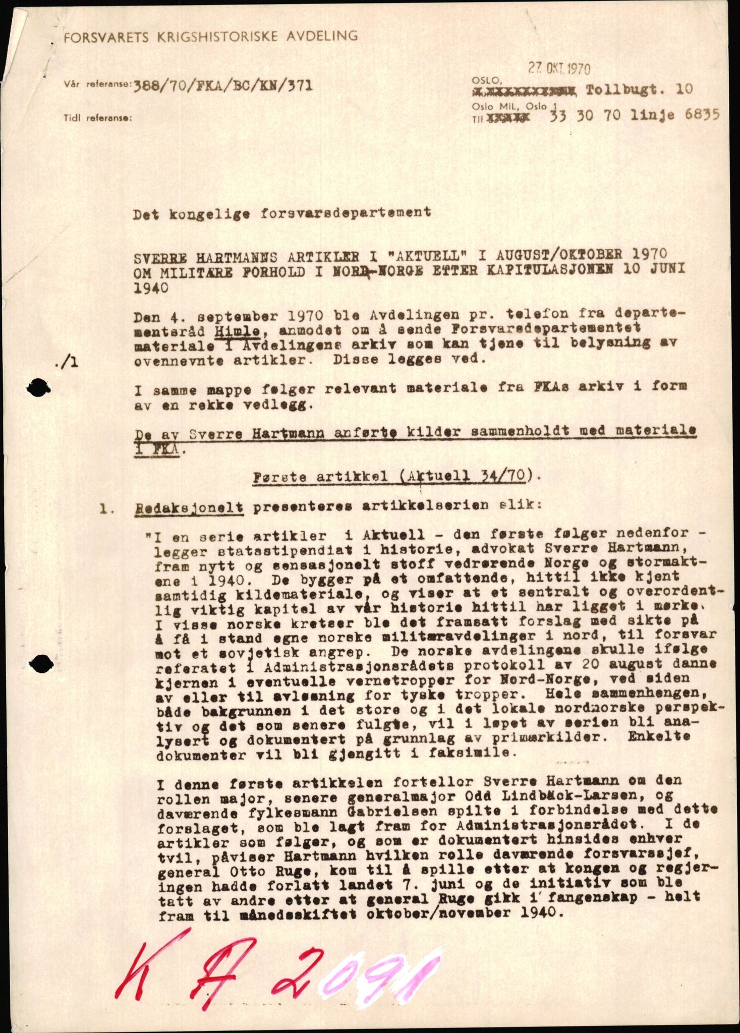 Forsvaret, Forsvarets krigshistoriske avdeling, RA/RAFA-2017/Y/Yf/L0199: II-C-11-2101  -  Kapitulasjonen i 1940, 1940-1971, p. 226