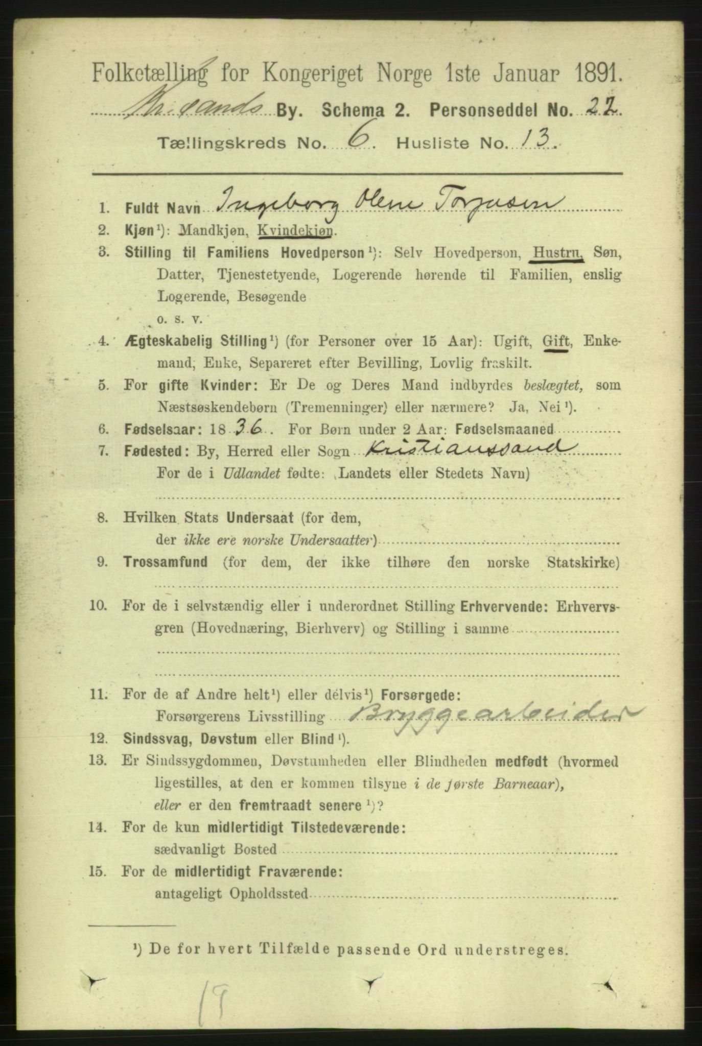 RA, 1891 census for 1001 Kristiansand, 1891, p. 4603