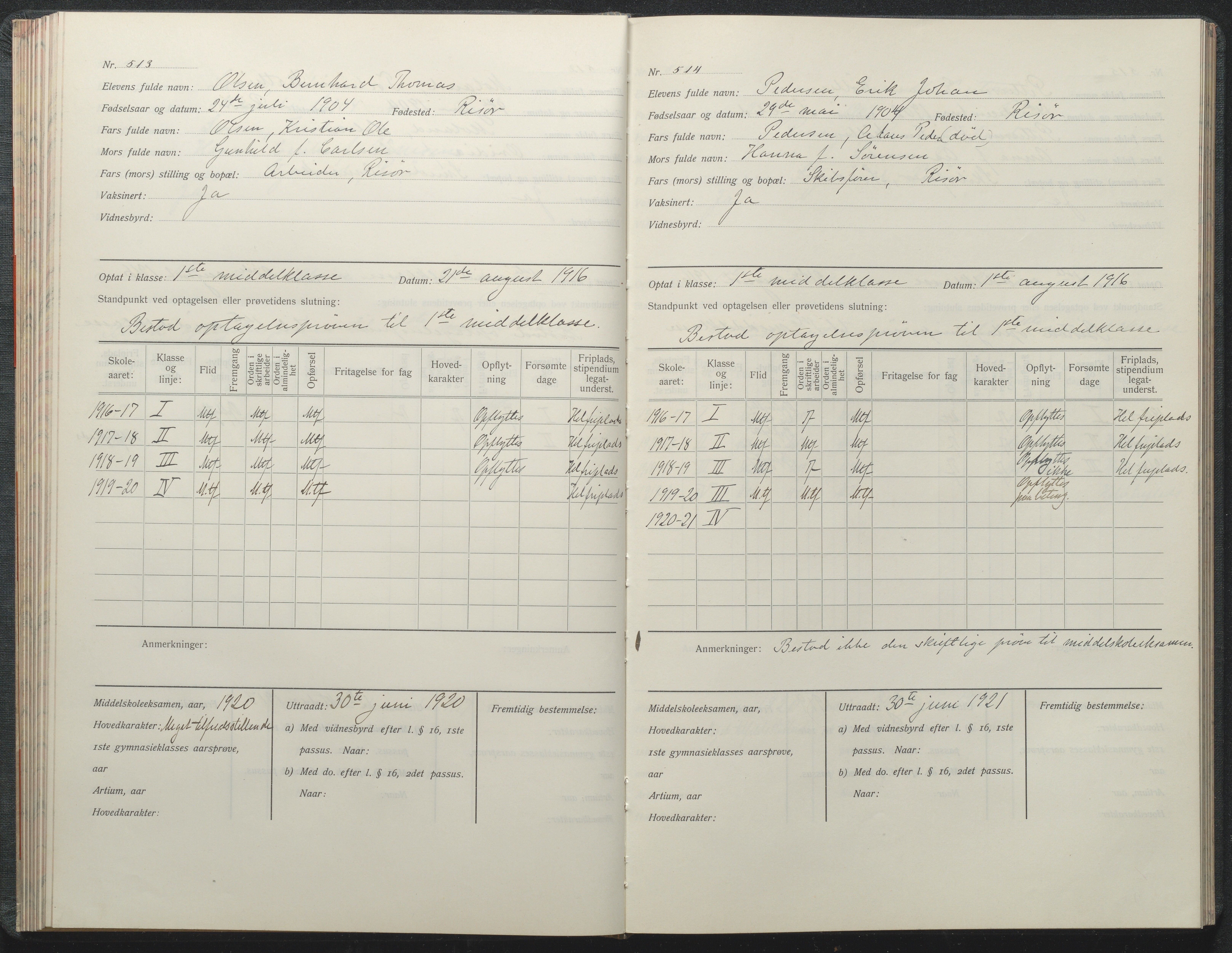 Risør kommune, AAKS/KA0901-PK/1/05/05i/L0002: Manntallsprotokoll, 1911-1925, p. 513-514