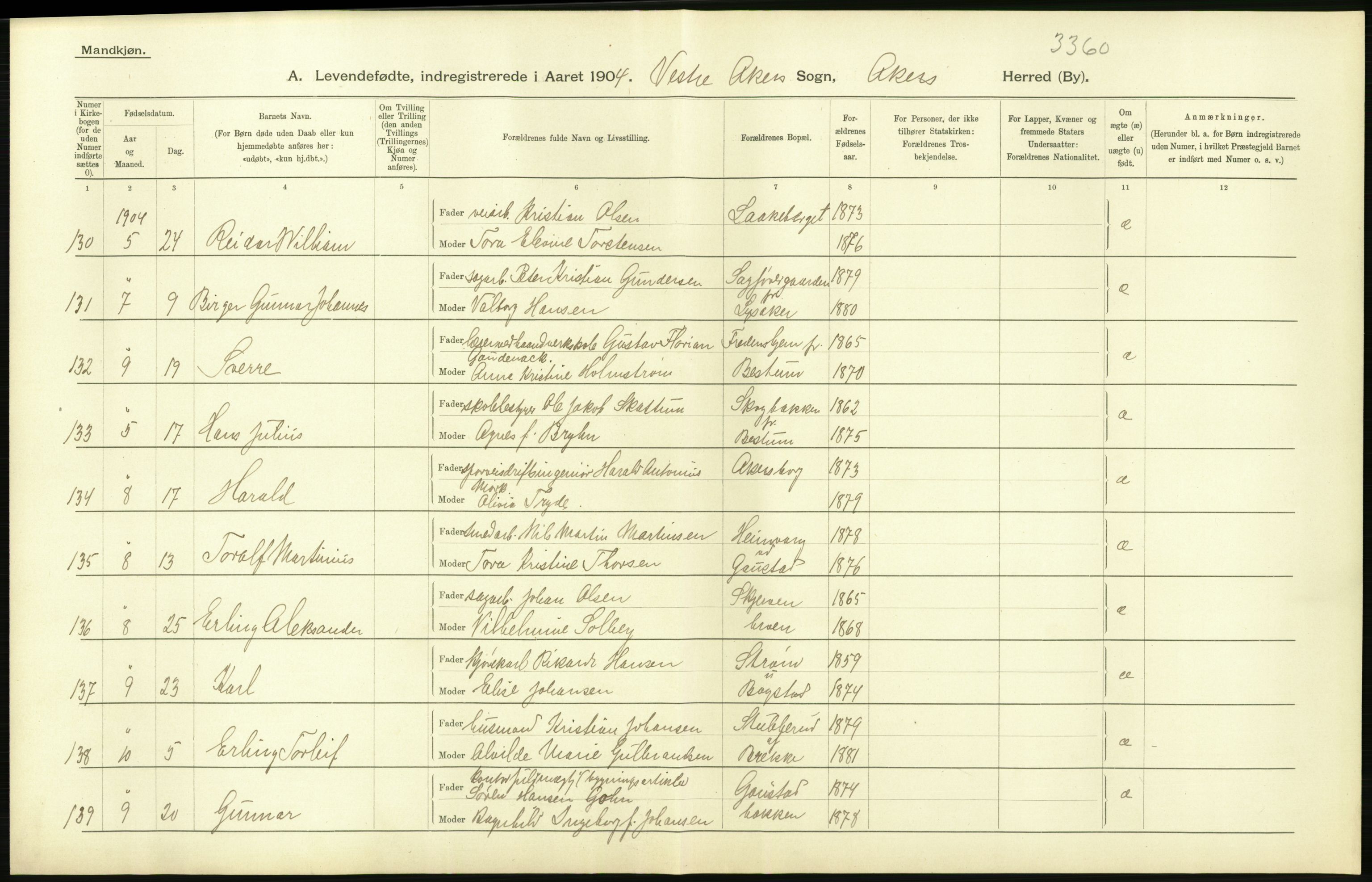 Statistisk sentralbyrå, Sosiodemografiske emner, Befolkning, AV/RA-S-2228/D/Df/Dfa/Dfab/L0002: Akershus amt: Fødte, gifte, døde, 1904, p. 402