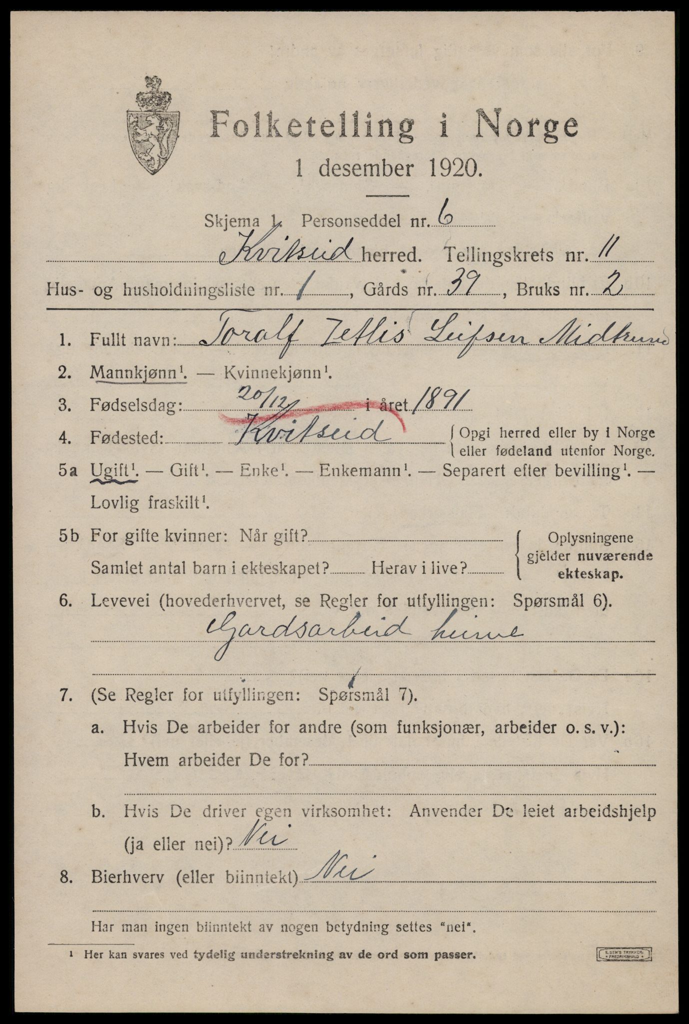 SAKO, 1920 census for Kviteseid, 1920, p. 5245