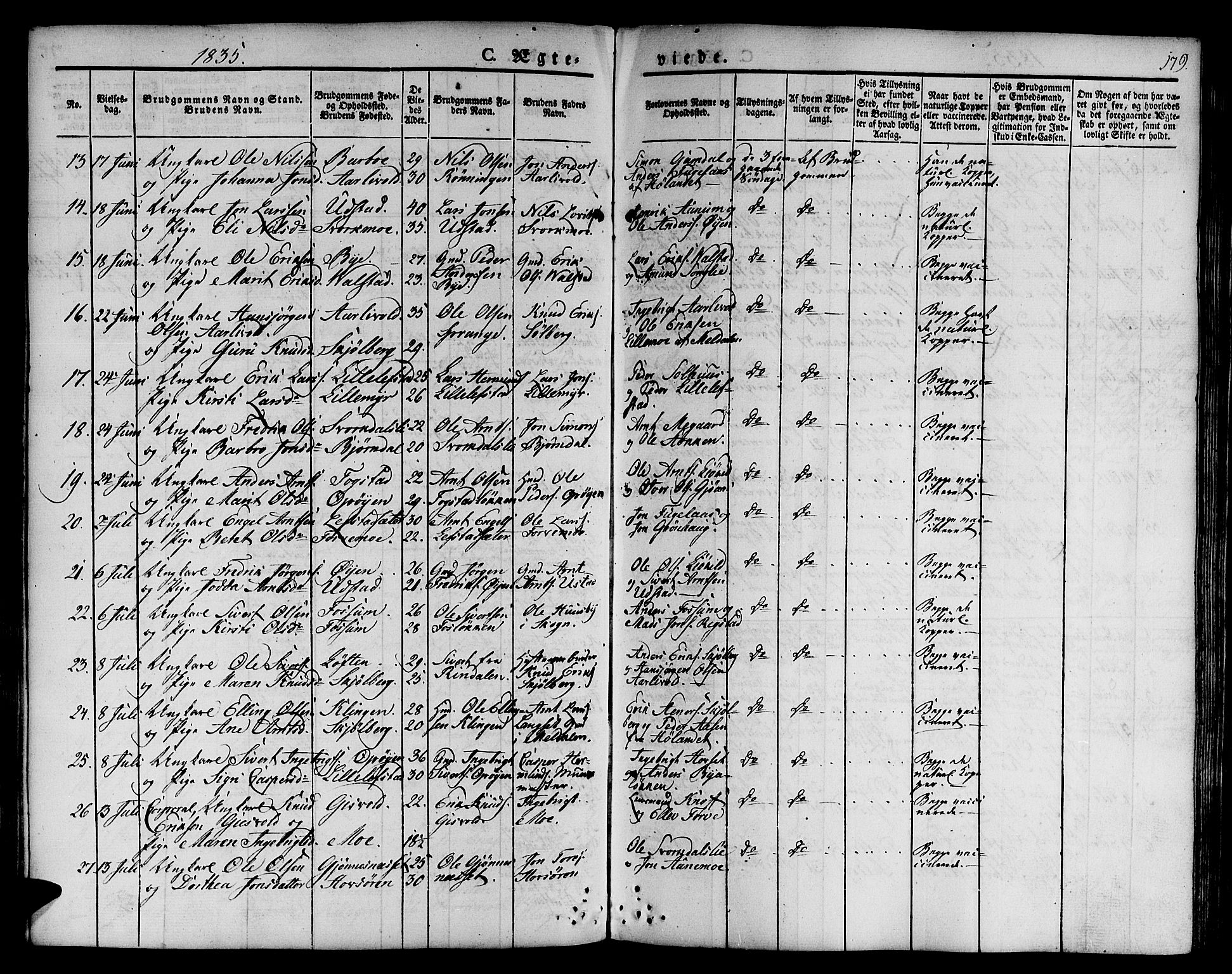 Ministerialprotokoller, klokkerbøker og fødselsregistre - Sør-Trøndelag, SAT/A-1456/668/L0804: Parish register (official) no. 668A04, 1826-1839, p. 179