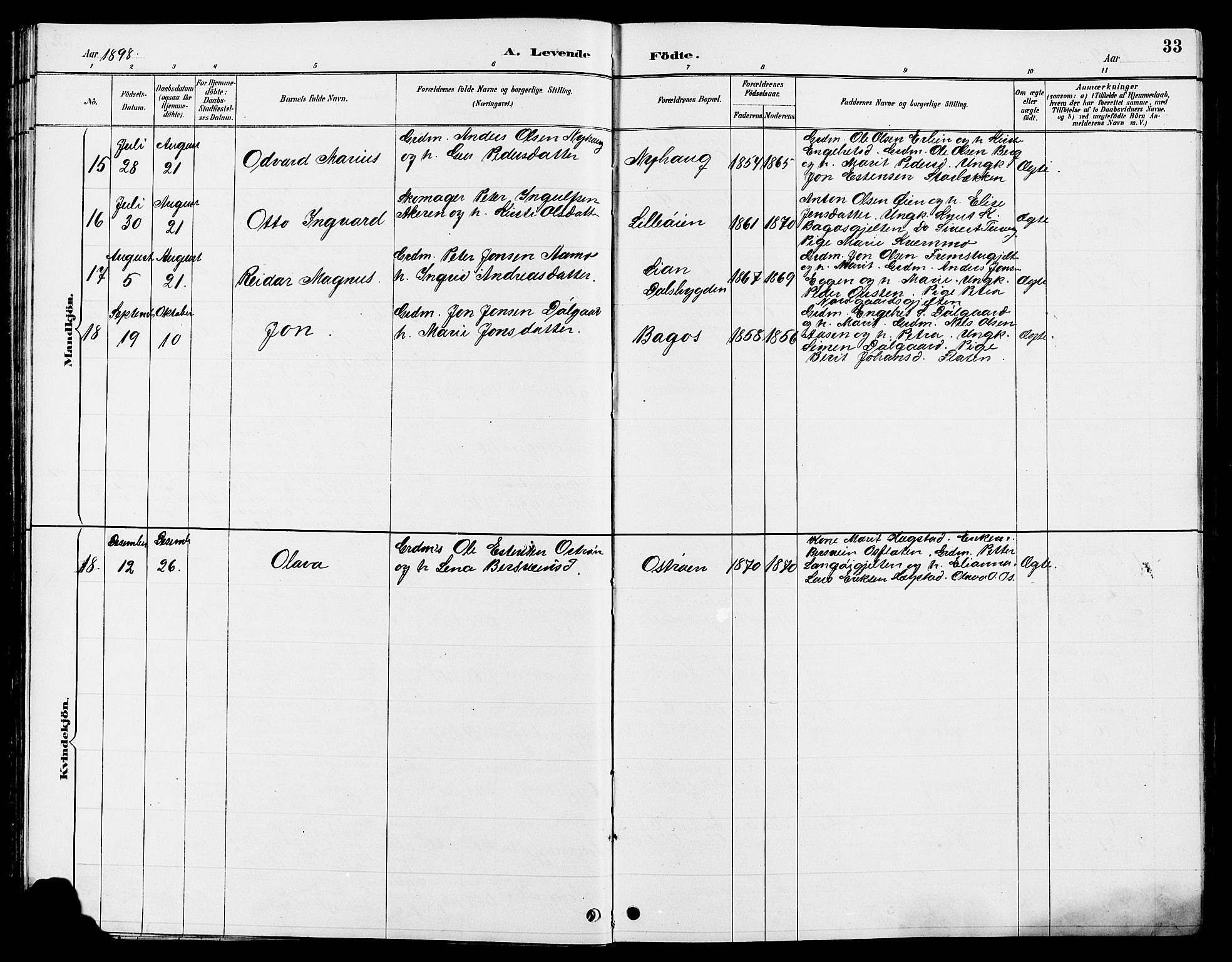 Tolga prestekontor, AV/SAH-PREST-062/L/L0008: Parish register (copy) no. 8, 1887-1912, p. 33