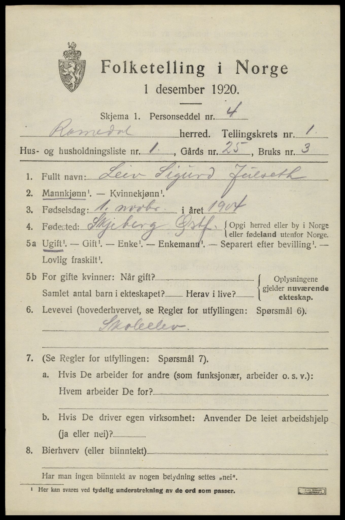 SAH, 1920 census for Romedal, 1920, p. 1945