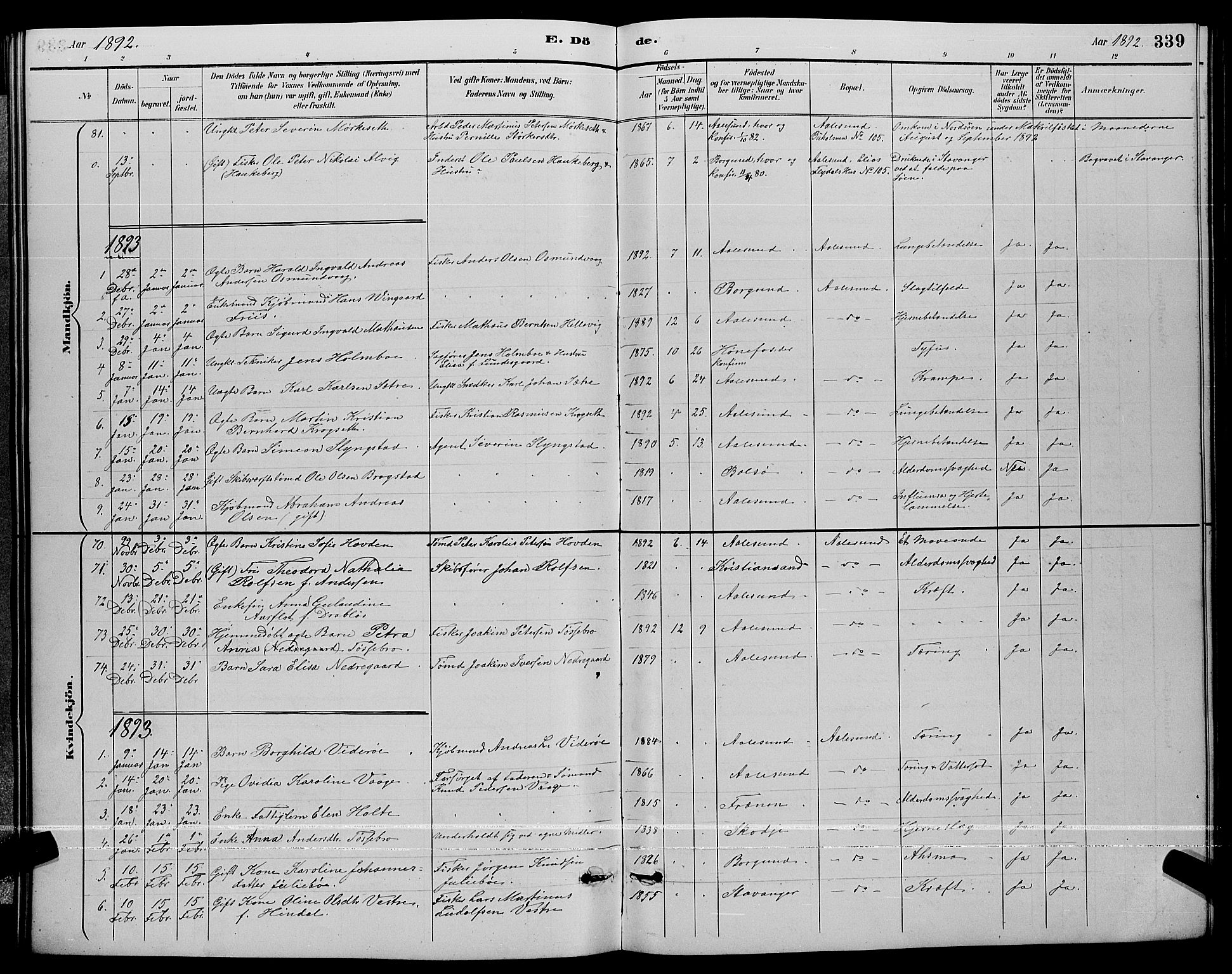 Ministerialprotokoller, klokkerbøker og fødselsregistre - Møre og Romsdal, AV/SAT-A-1454/529/L0467: Parish register (copy) no. 529C04, 1889-1897, p. 339