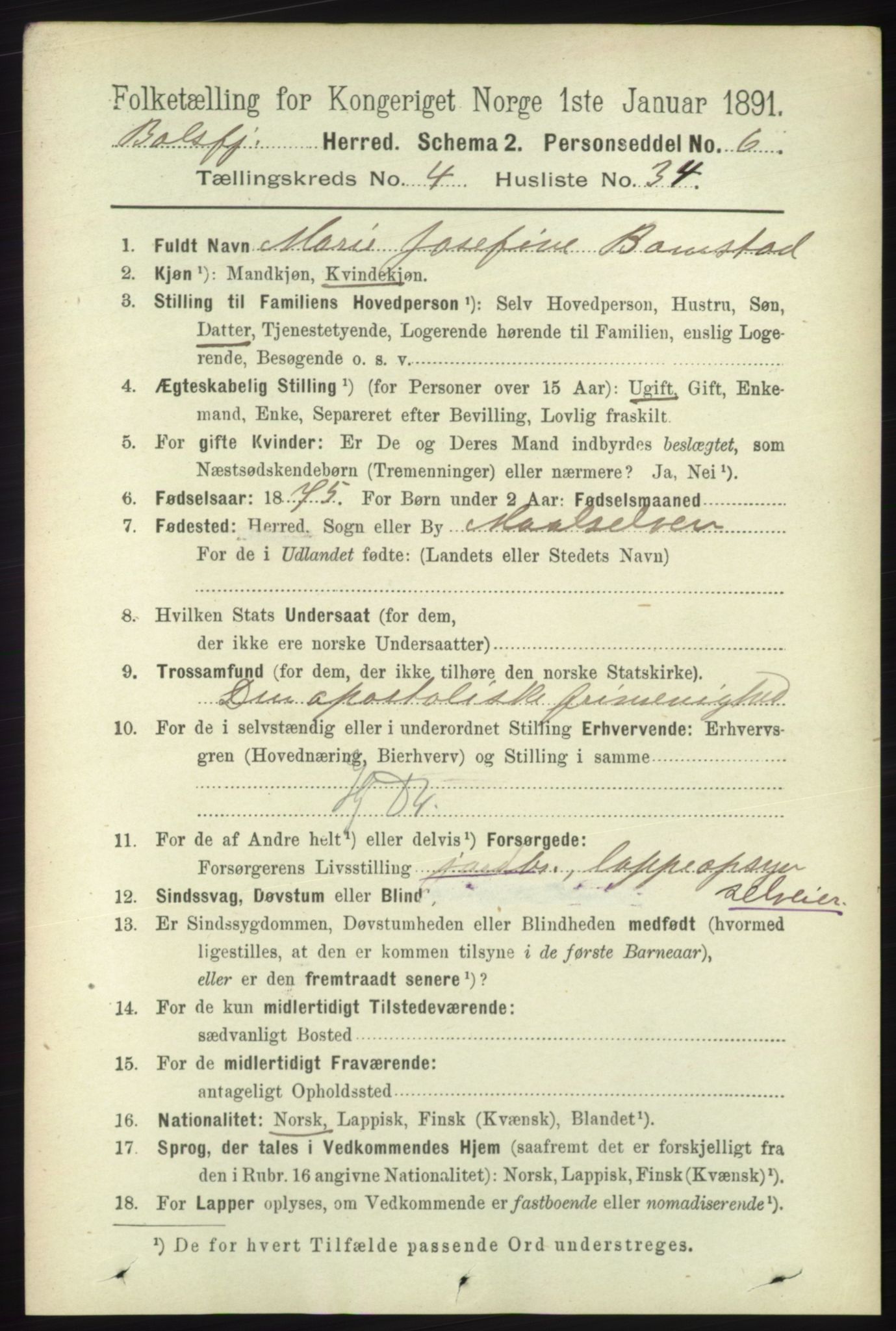 RA, 1891 census for 1933 Balsfjord, 1891, p. 1364