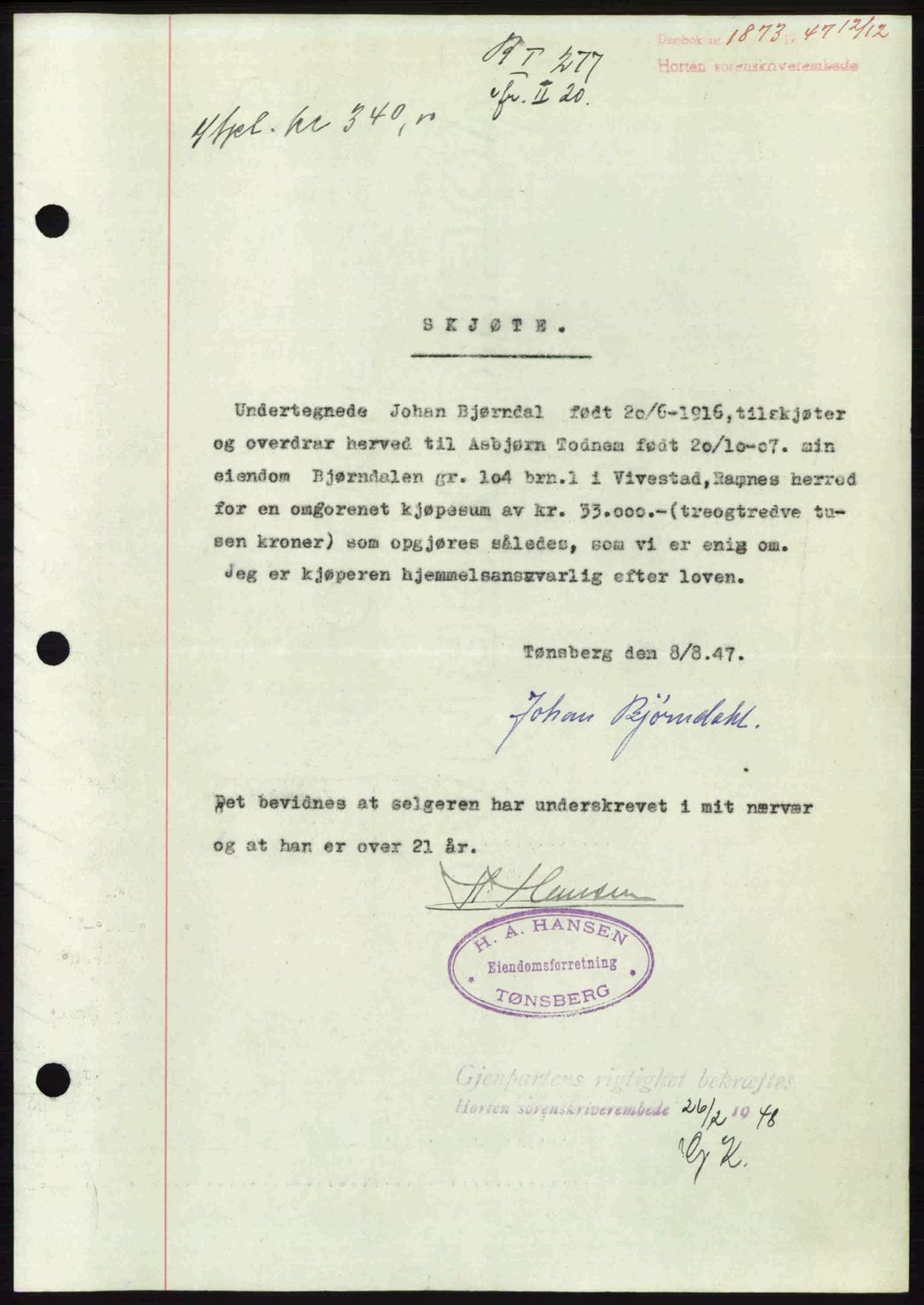 Horten sorenskriveri, AV/SAKO-A-133/G/Ga/Gaa/L0010: Mortgage book no. A-10, 1947-1948, Diary no: : 1873/1947