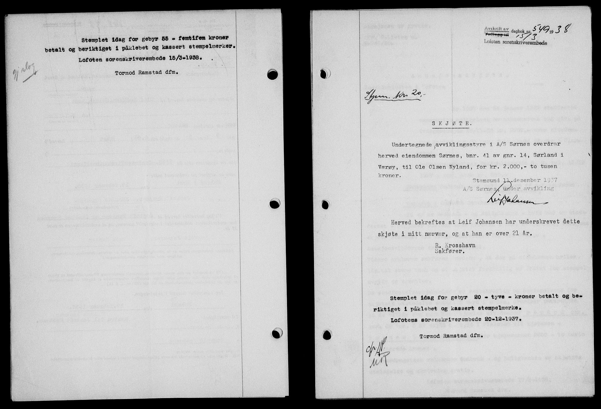 Lofoten sorenskriveri, SAT/A-0017/1/2/2C/L0003a: Mortgage book no. 3a, 1937-1938, Diary no: : 549/1938