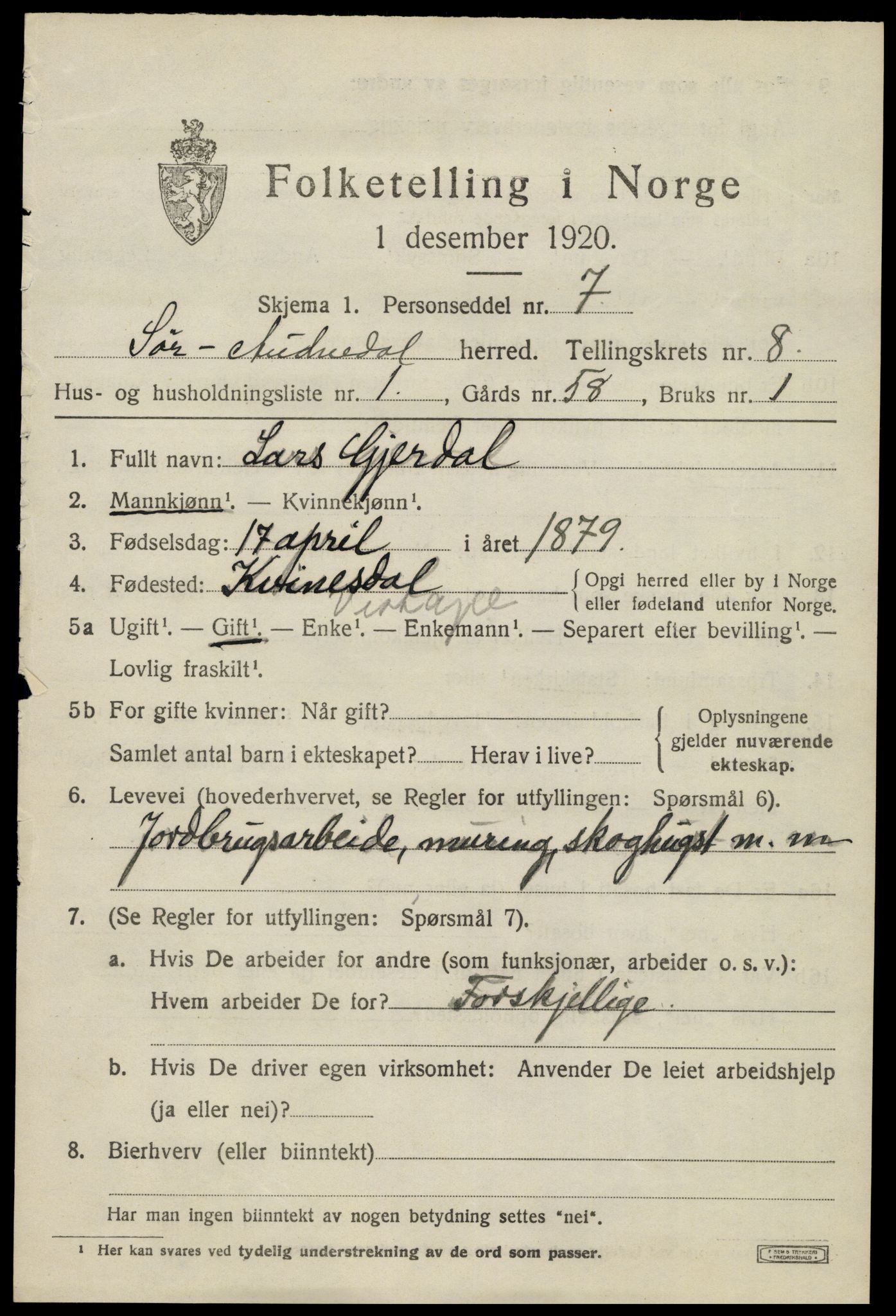 SAK, 1920 census for Sør-Audnedal, 1920, p. 3191