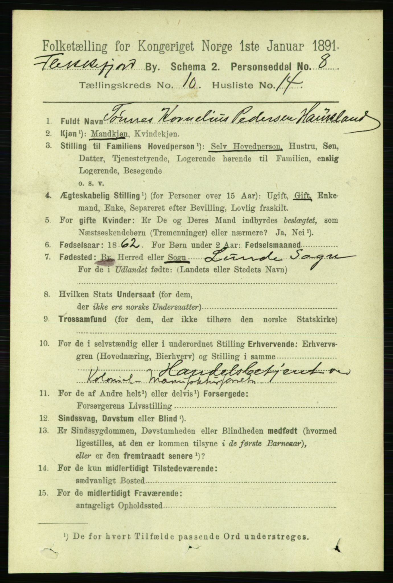 RA, 1891 census for 1004 Flekkefjord, 1891, p. 1620