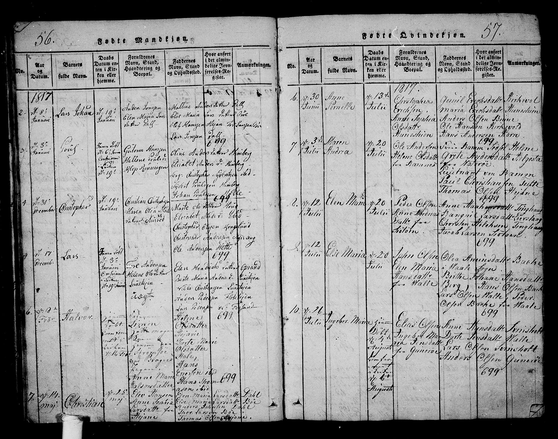 Ramnes kirkebøker, AV/SAKO-A-314/G/Ga/L0001: Parish register (copy) no. I 1, 1813-1847, p. 56-57