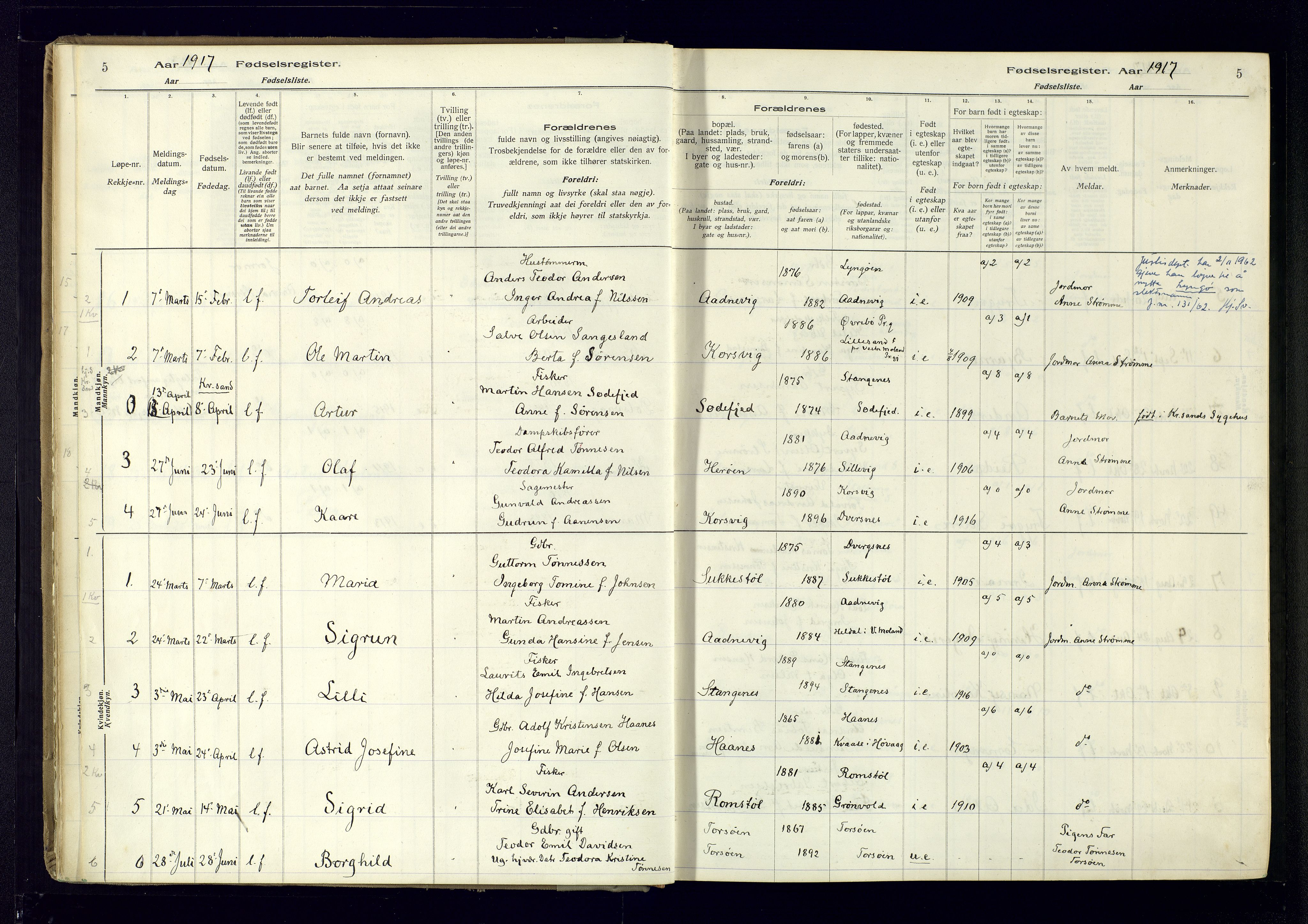 Oddernes sokneprestkontor, AV/SAK-1111-0033/J/Ja/L0007: Birth register no. 7, 1916-1971, p. 5