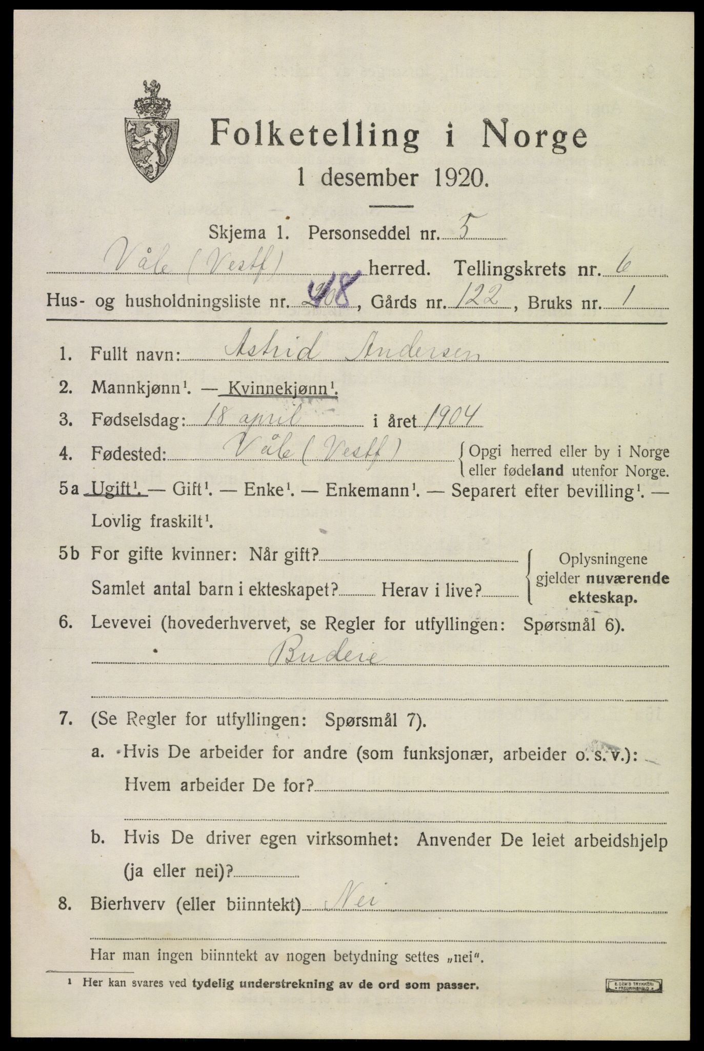 SAKO, 1920 census for Våle, 1920, p. 5466