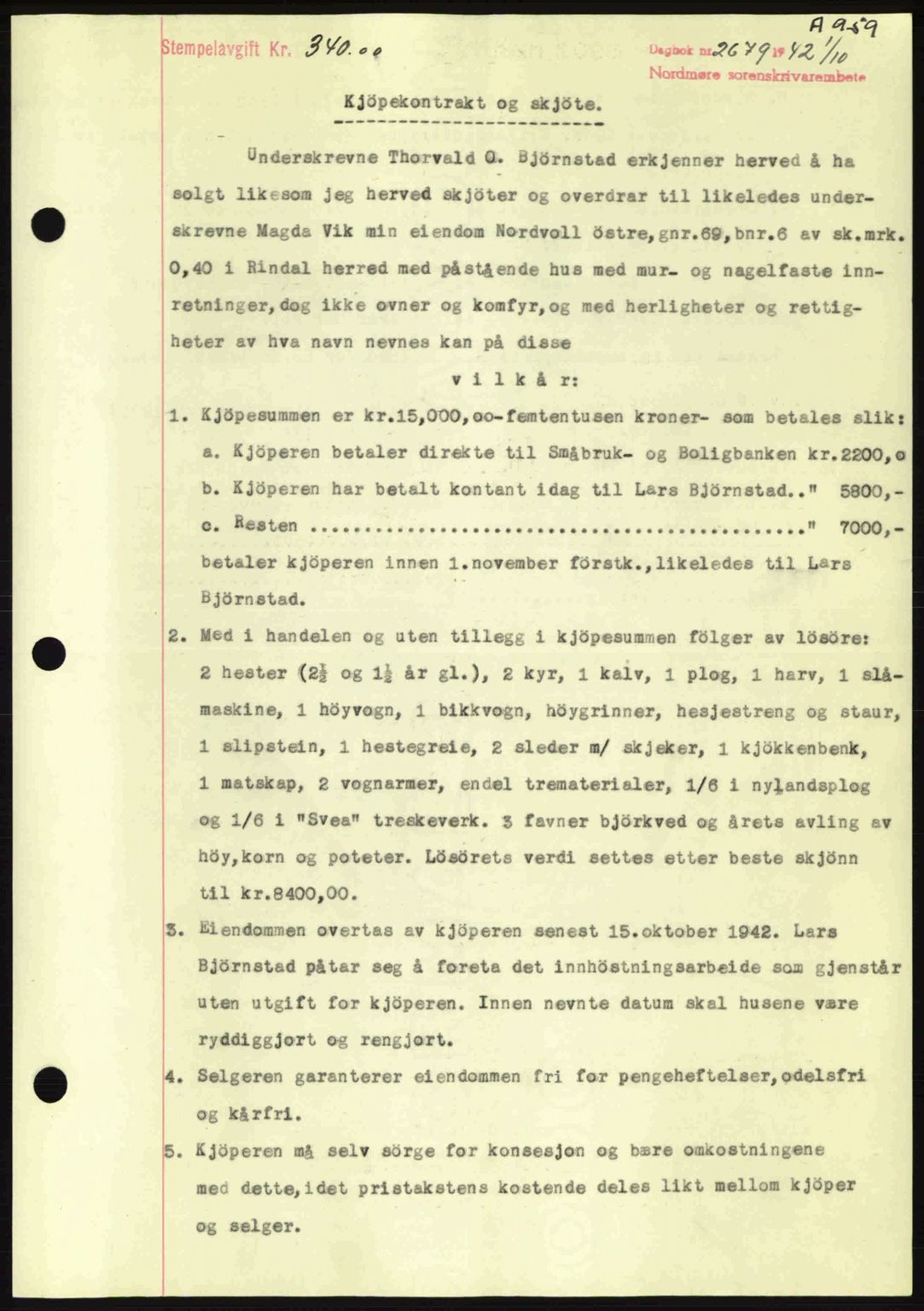 Nordmøre sorenskriveri, AV/SAT-A-4132/1/2/2Ca: Mortgage book no. A93, 1942-1942, Diary no: : 2679/1942