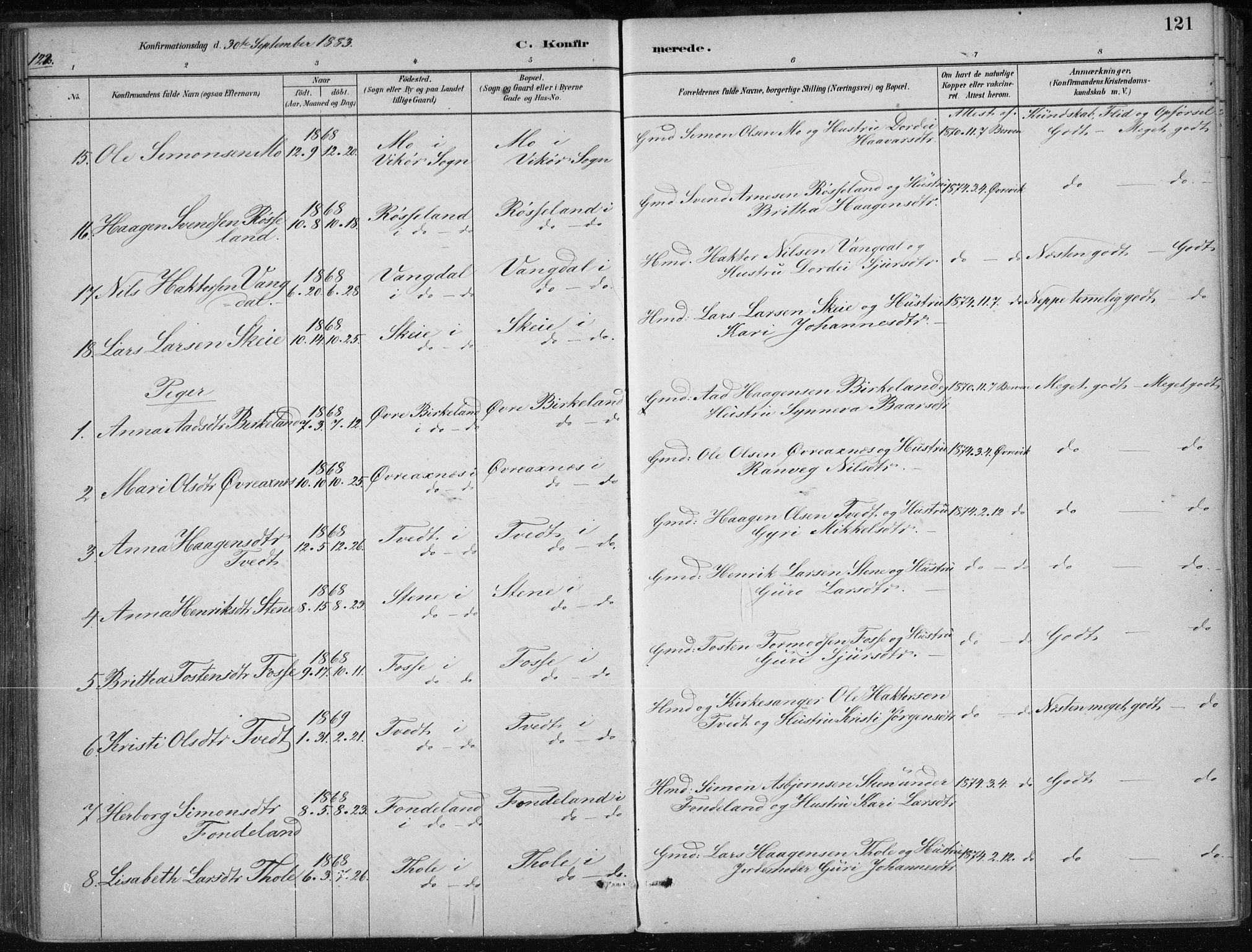 Kvam sokneprestembete, SAB/A-76201/H/Haa: Parish register (official) no. B  1, 1880-1908, p. 121