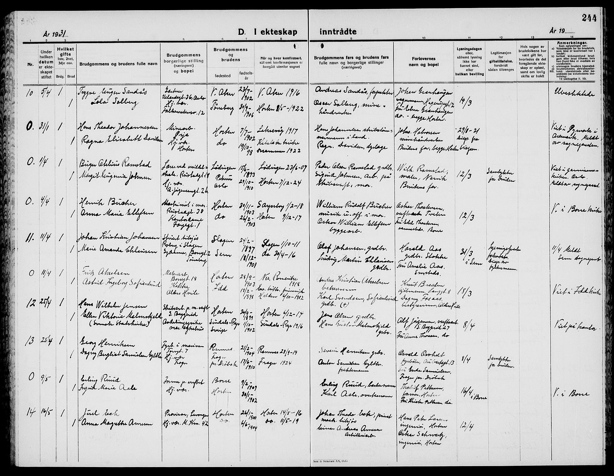 Horten kirkebøker, AV/SAKO-A-348/G/Ga/L0009: Parish register (copy) no. 9, 1926-1936, p. 244