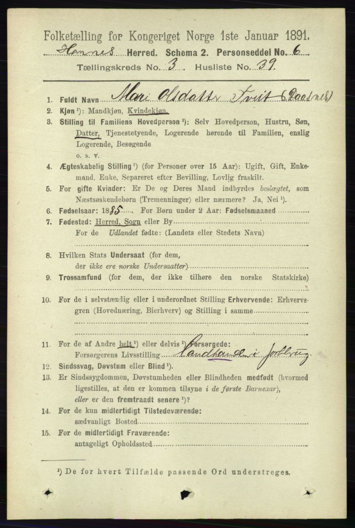 RA, 1891 census for 0936 Hornnes, 1891, p. 799