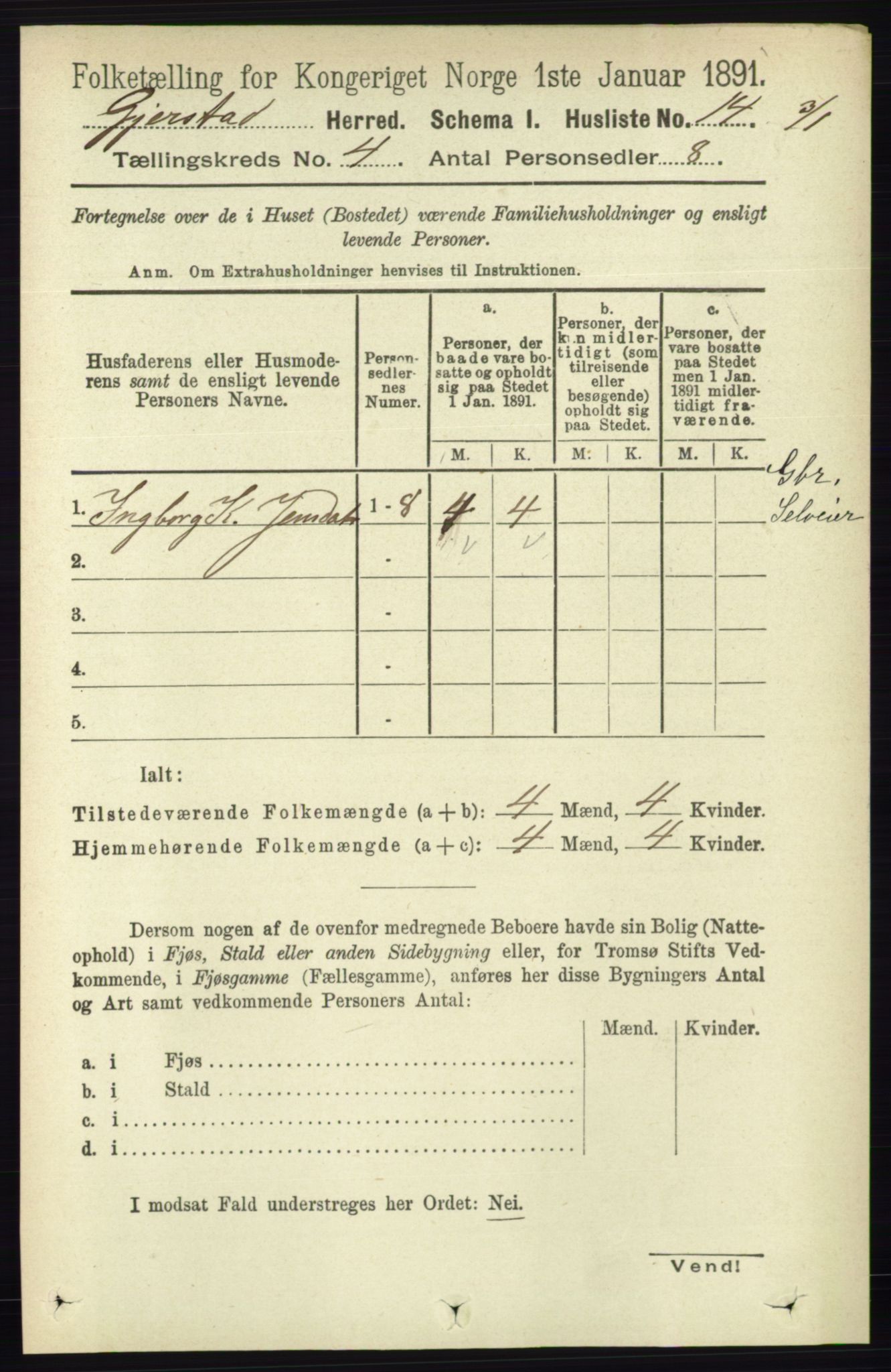 RA, 1891 census for 0911 Gjerstad, 1891, p. 1451