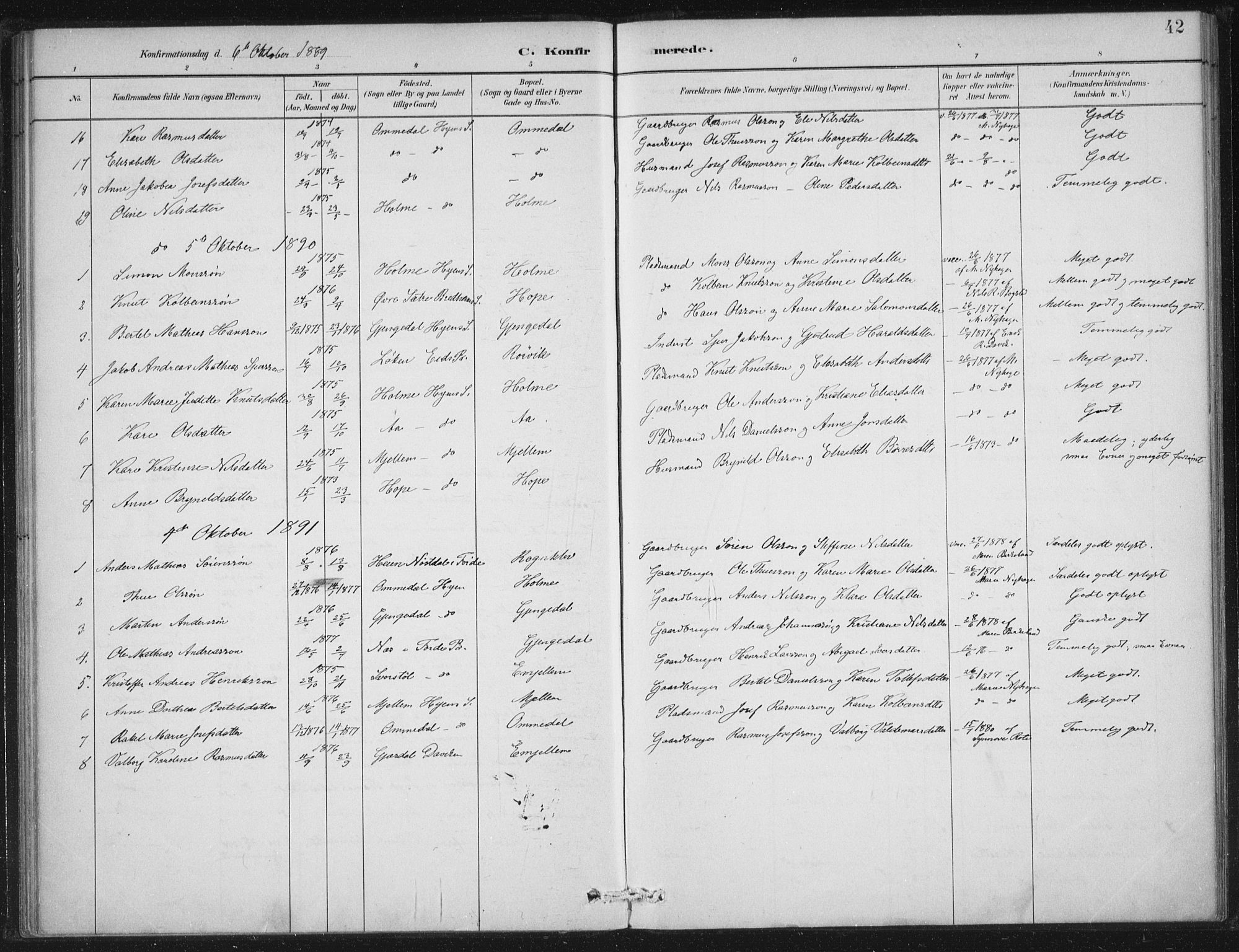 Gloppen sokneprestembete, AV/SAB-A-80101/H/Haa/Haae/L0001: Parish register (official) no. E  1, 1885-1904, p. 42